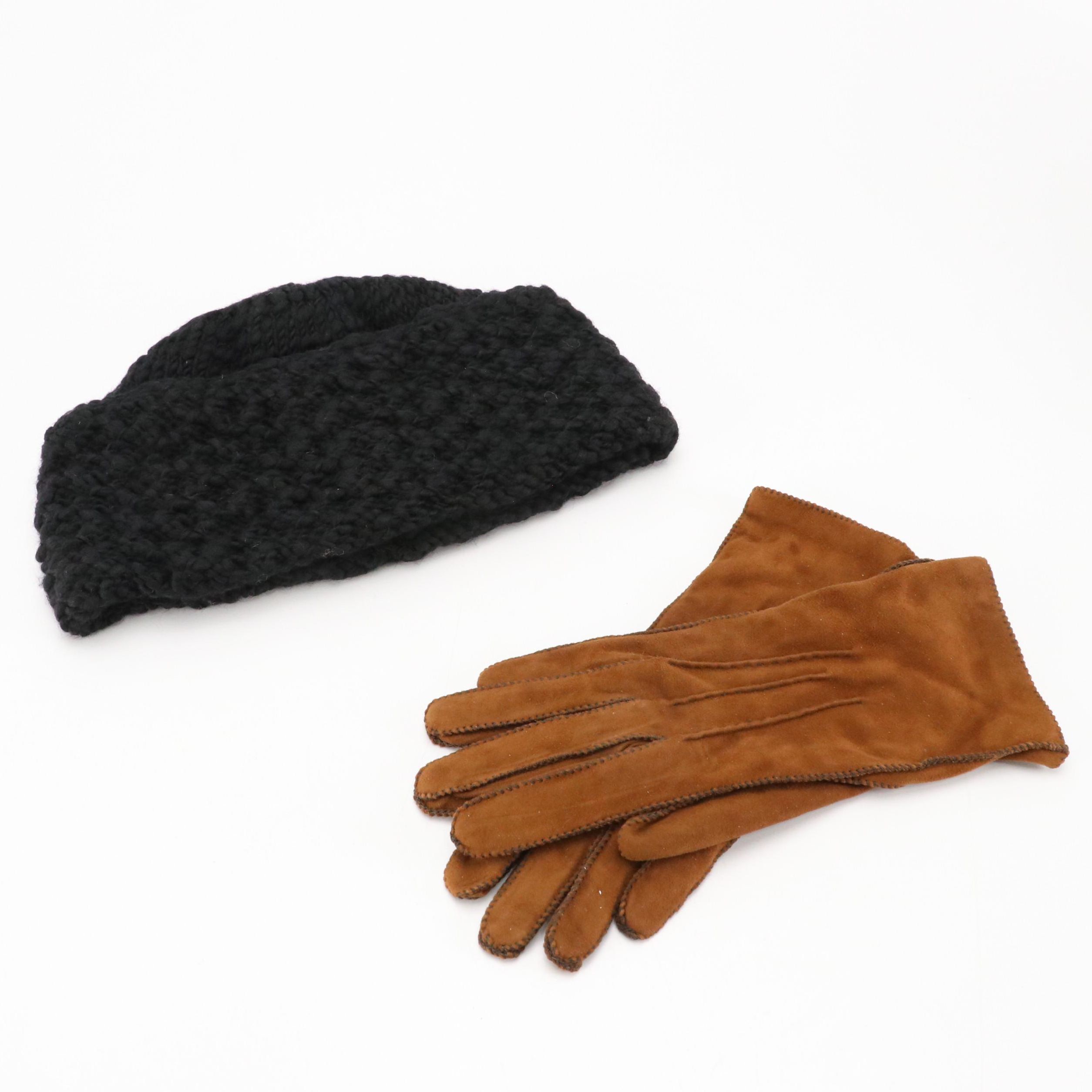 Brenda Lynn Merino Wool Handknit Beanie & Barneys New York Brown Leather Gloves