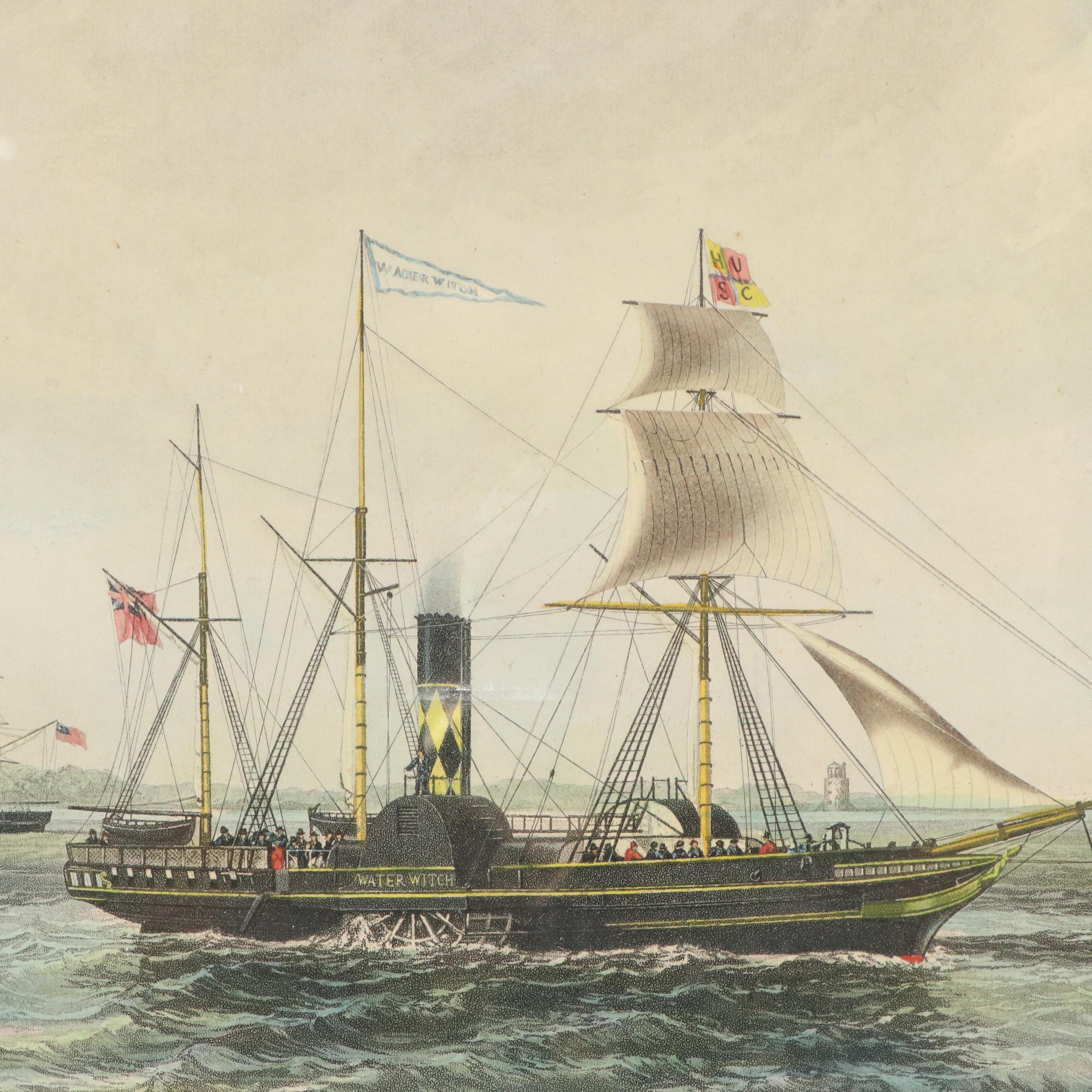 Hand-Colored Aquatint "Vivid and Waterwitch, Off Orforness in a Breeze"