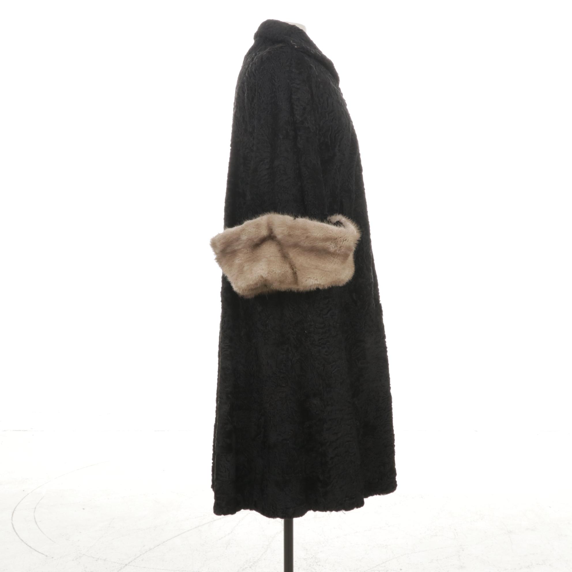 Persian Lamb Fur Swing Coat with Mink Fur Cuff Sleeves by H. Walzer & Co.
