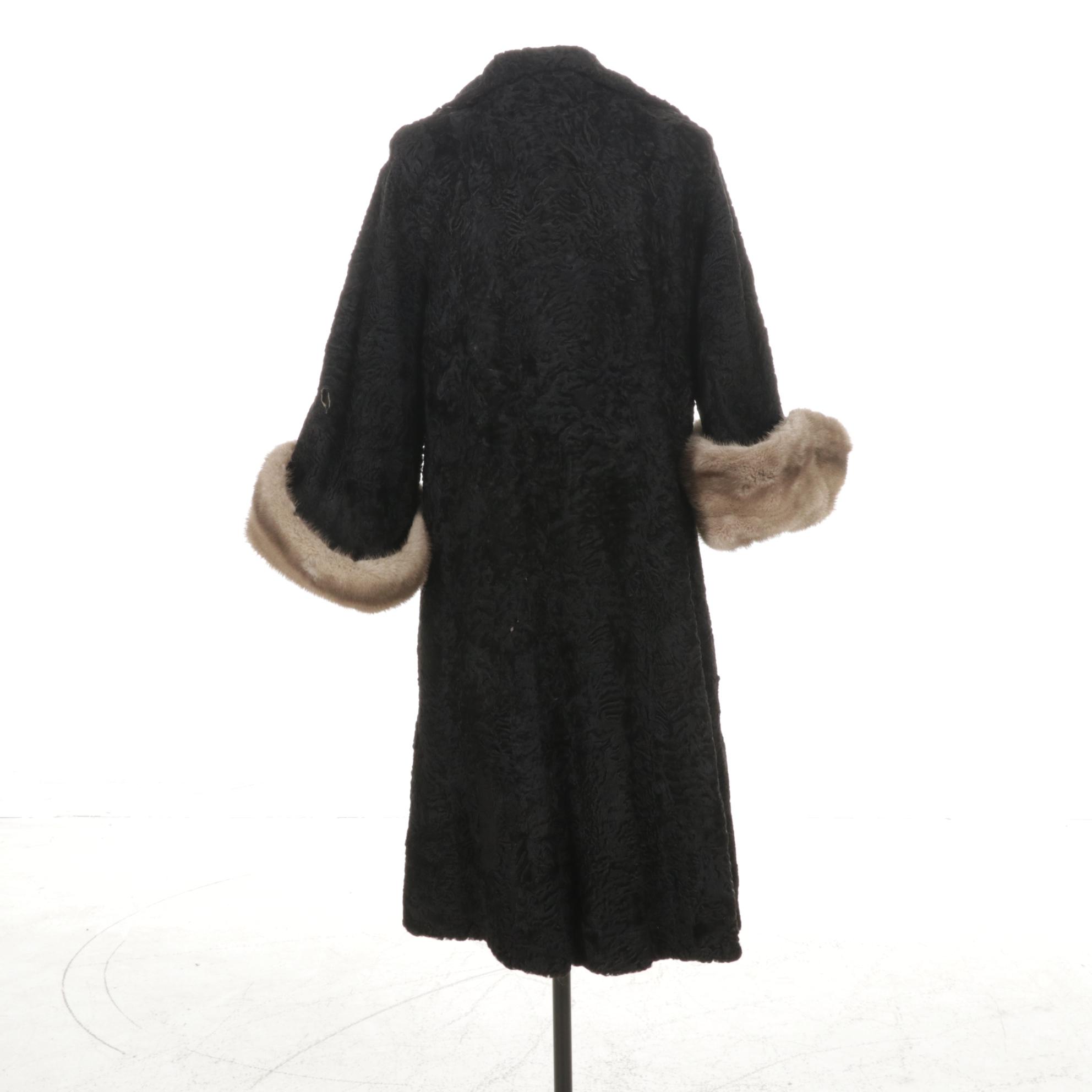 Persian Lamb Fur Swing Coat with Mink Fur Cuff Sleeves by H. Walzer & Co.