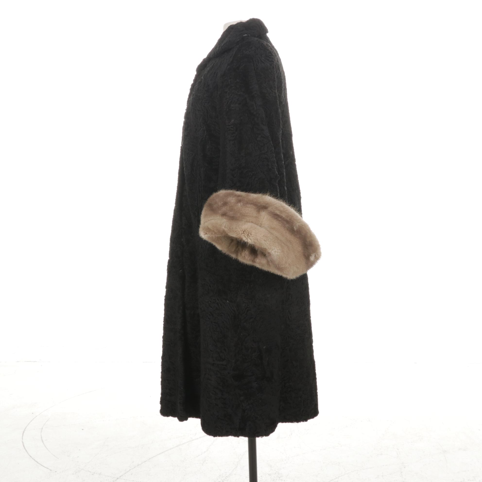 Persian Lamb Fur Swing Coat with Mink Fur Cuff Sleeves by H. Walzer & Co.