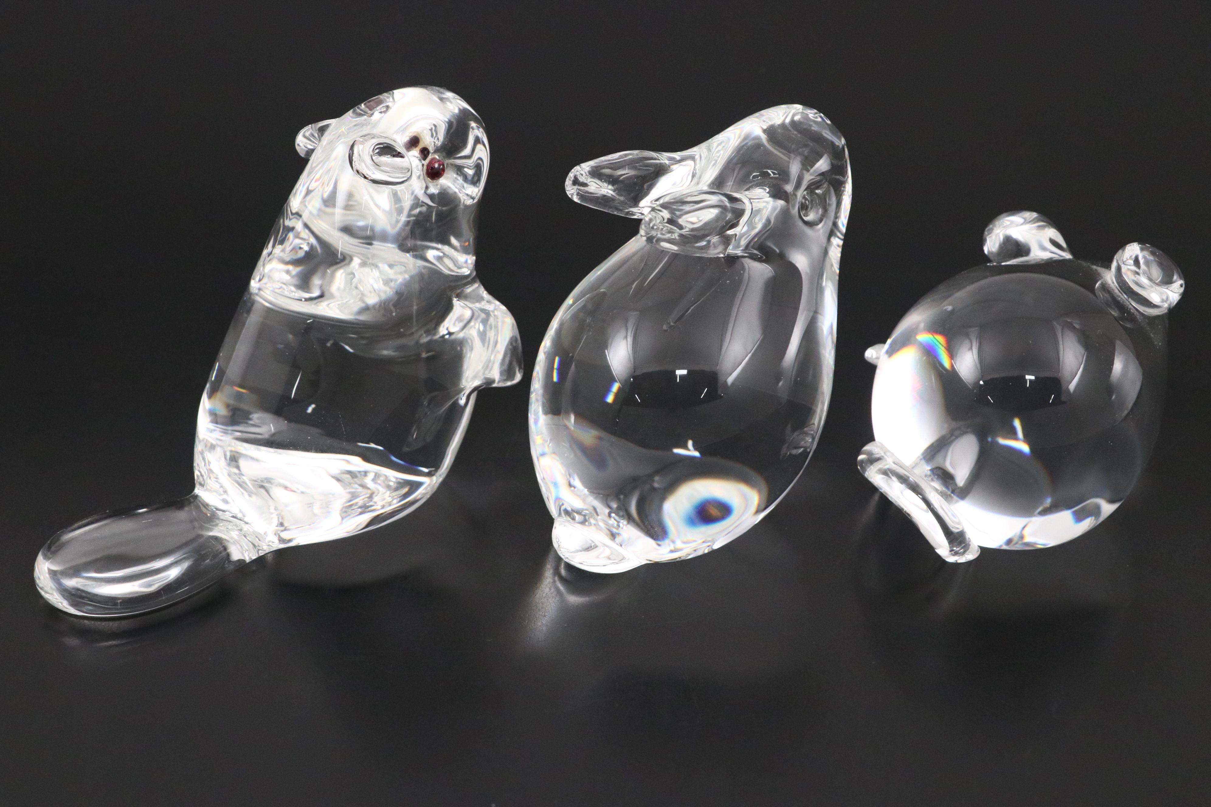 Steuben Art Glass "Beaver" Figurine with Garnet Eyes and More Animal Figurines