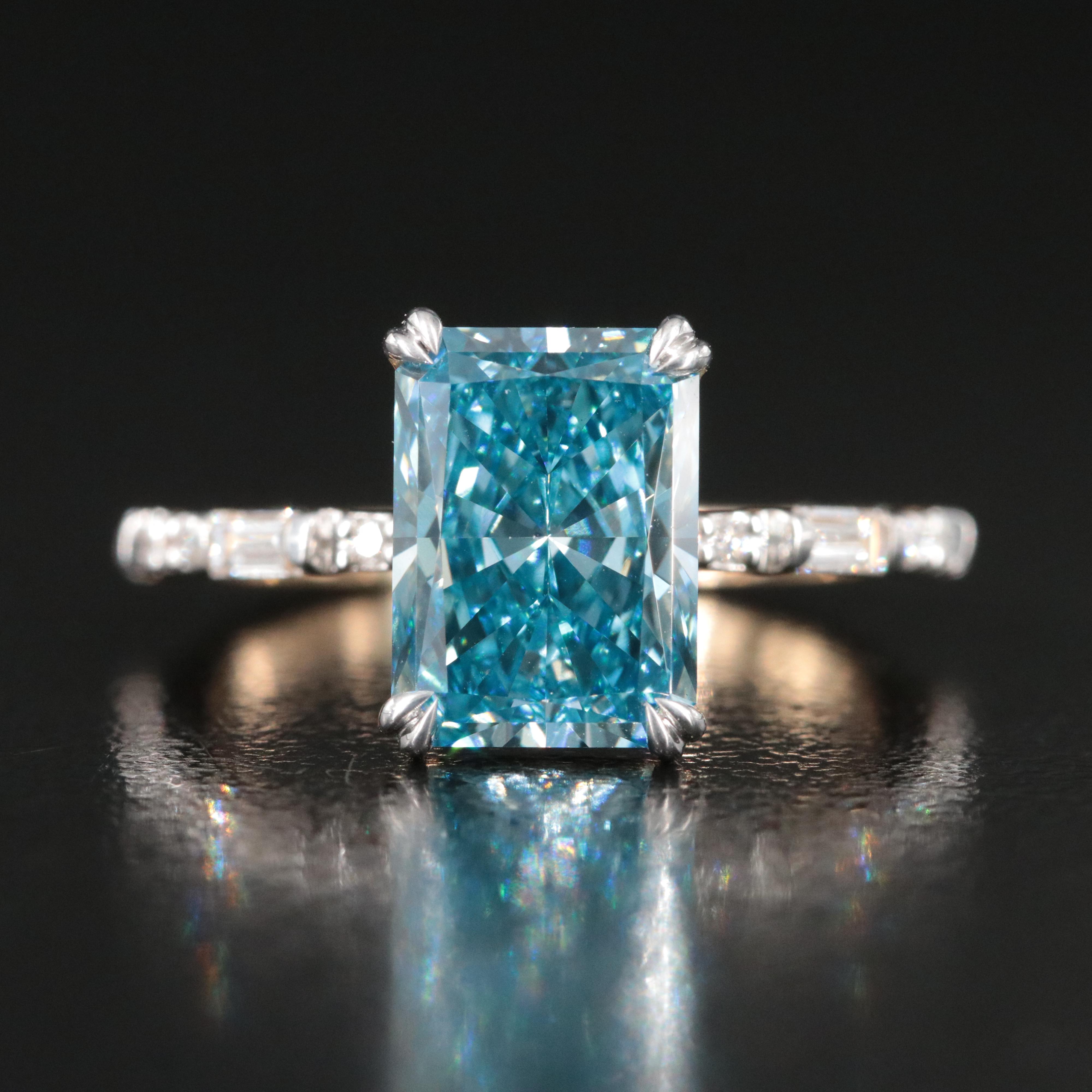 14K 3.35 CTW Lab Grown Diamond Ring with Fancy Blue Center and IGI Report