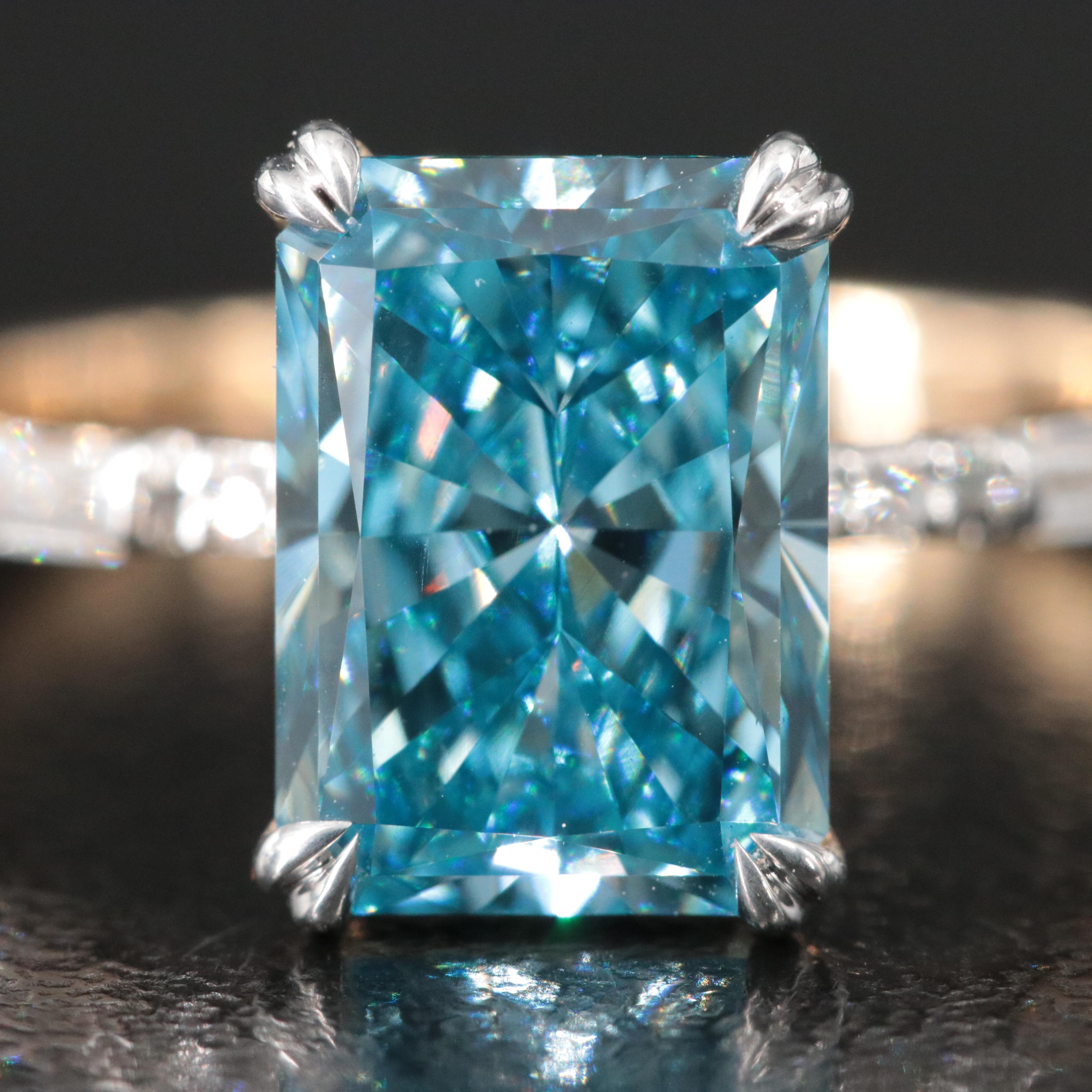 14K 3.35 CTW Lab Grown Diamond Ring with Fancy Blue Center and IGI Report