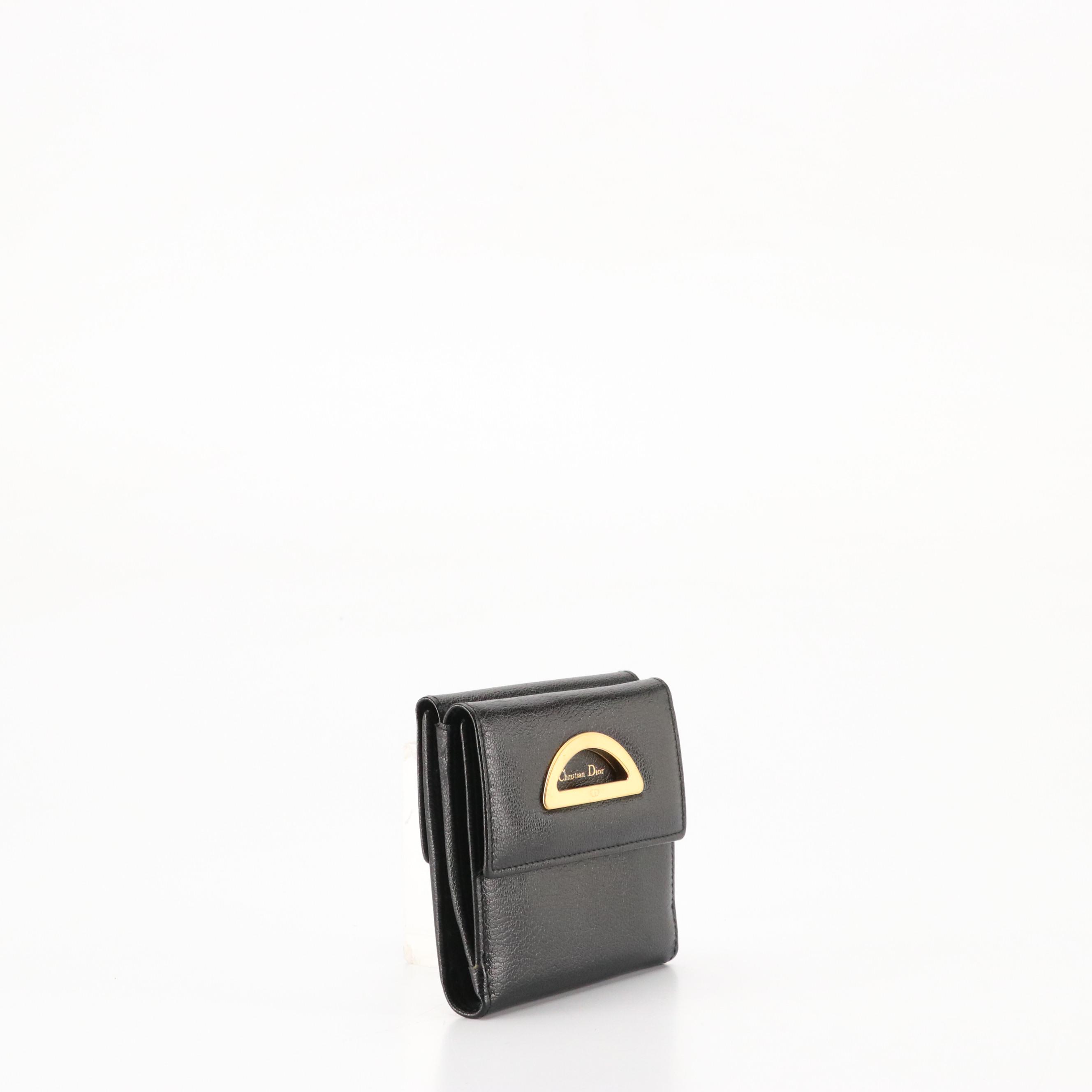 Christian Dior Black Grain Leather Compact Wallet