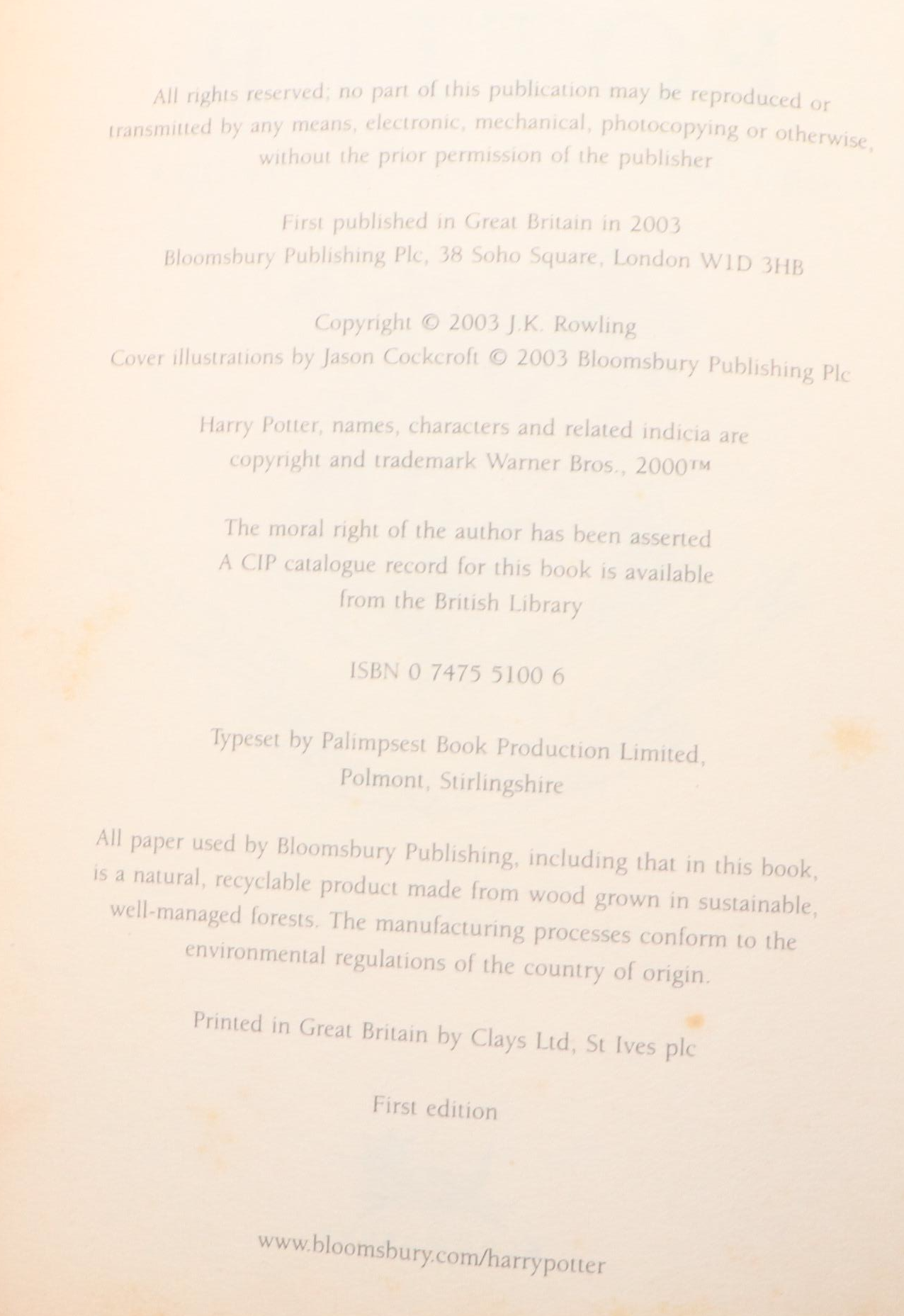 First UK Edition "Harry Potter and the Order of the Phoenix" by J. K. Rowling