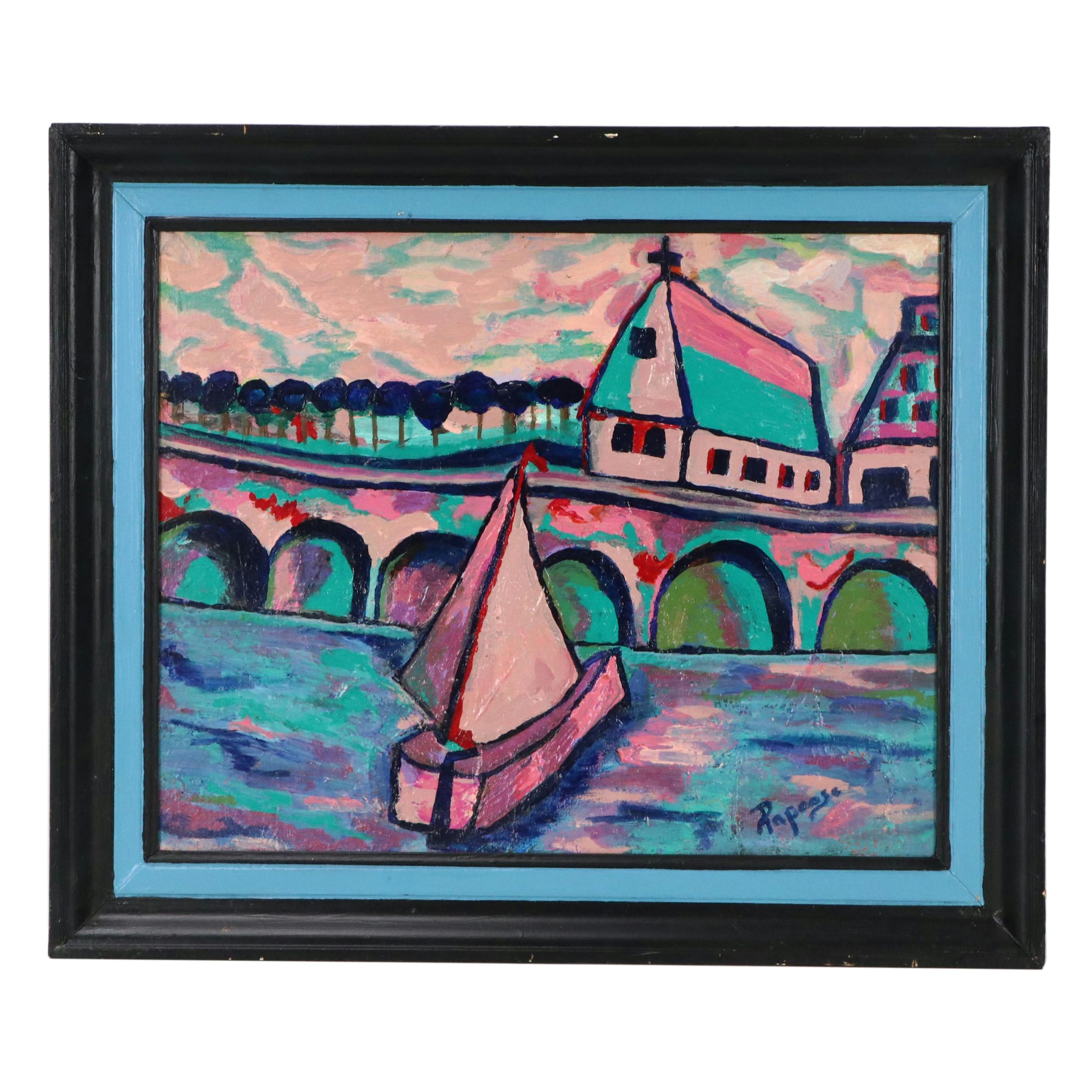 Modernist Style Landscape Acrylic Painting "Sailboat by the Water," 2008