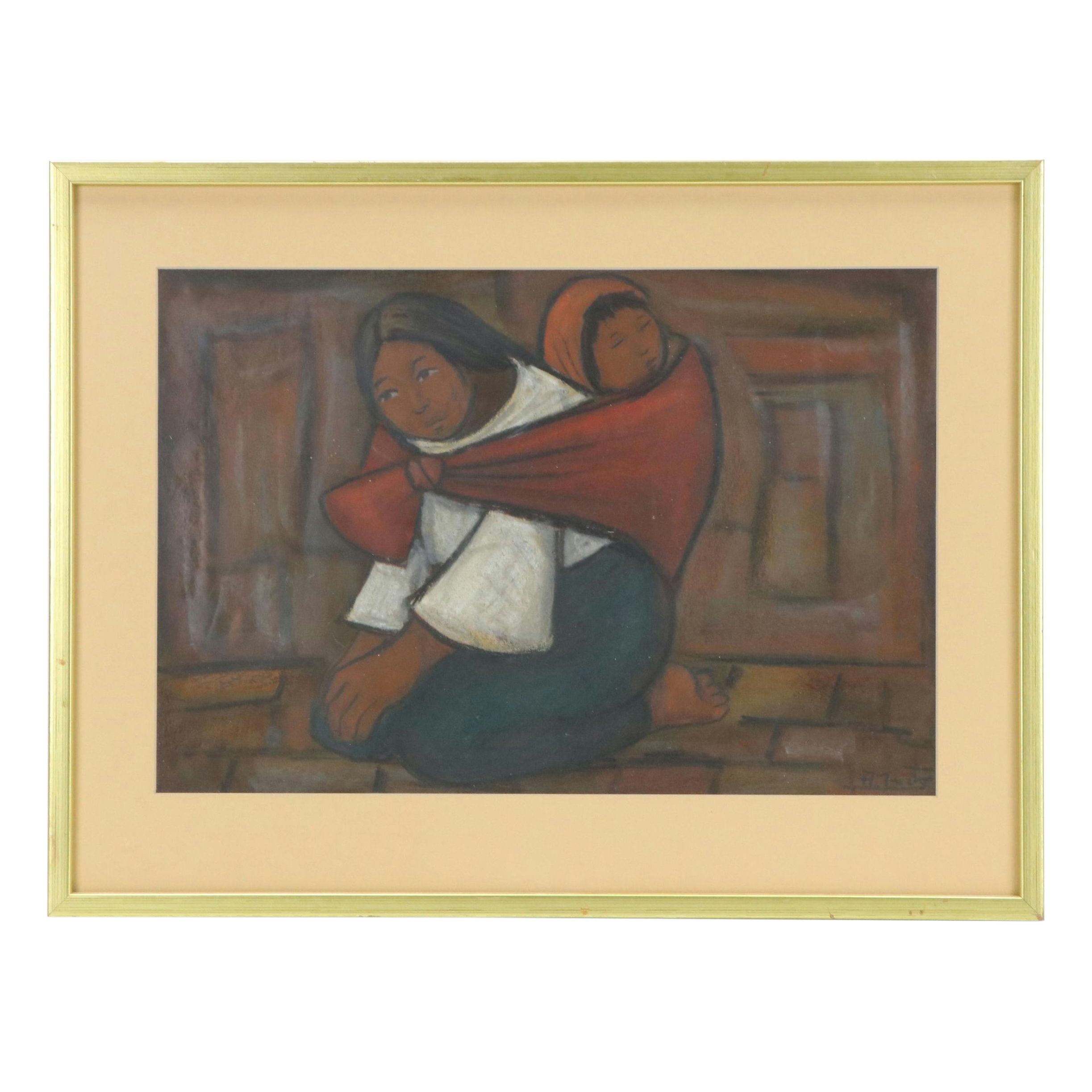 Arturo Nieto Oil Pastel Drawing of Mother and Child