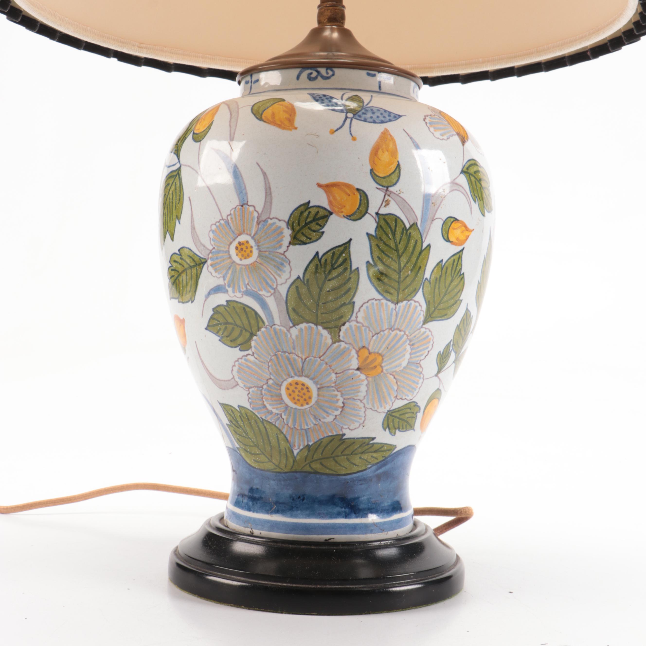 Chinese Ceramic Table Lamp with Peony Motif and Black Shade
