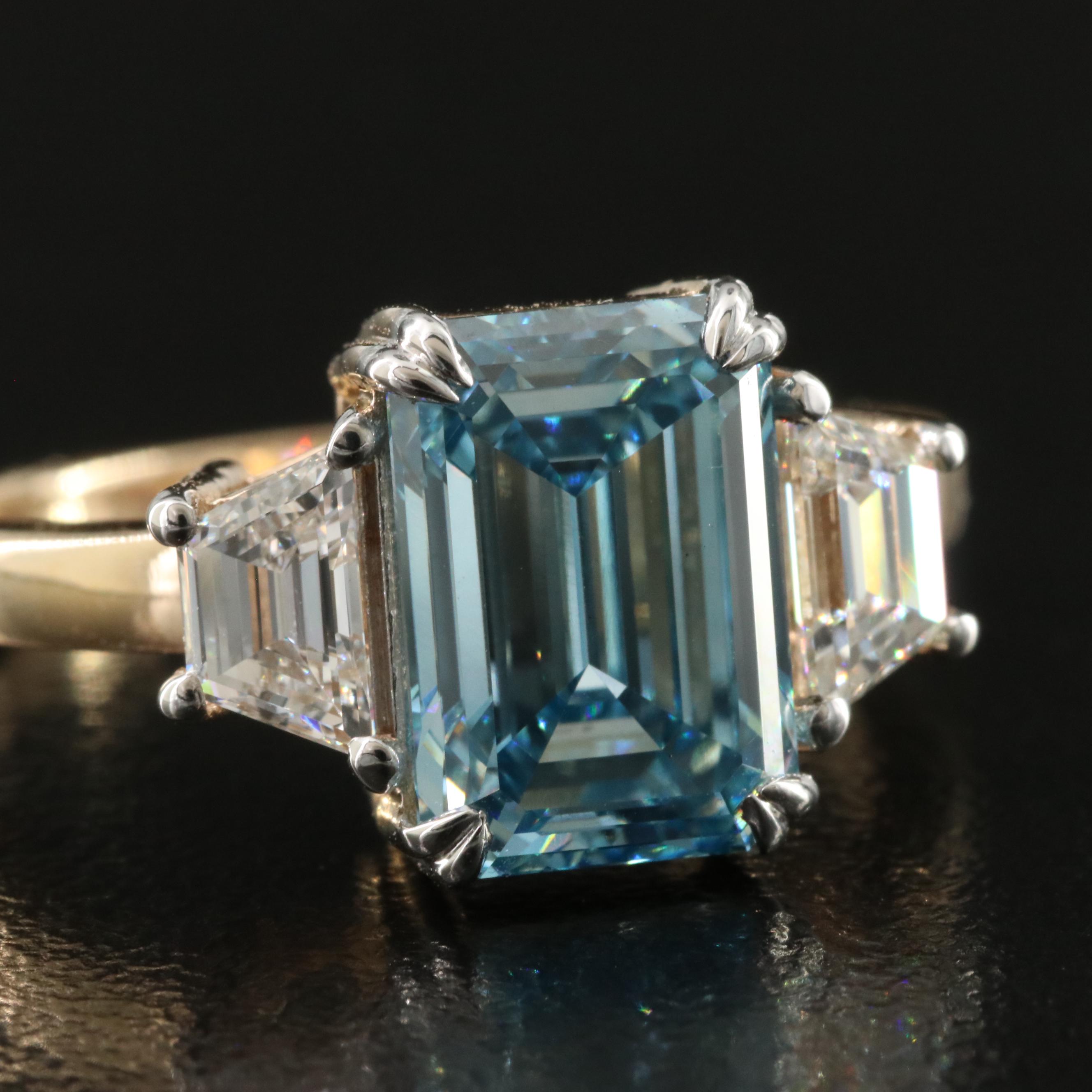 14K 3.71 CTW Lab Grown Diamond Ring with Fancy Blue Center and IGI Report