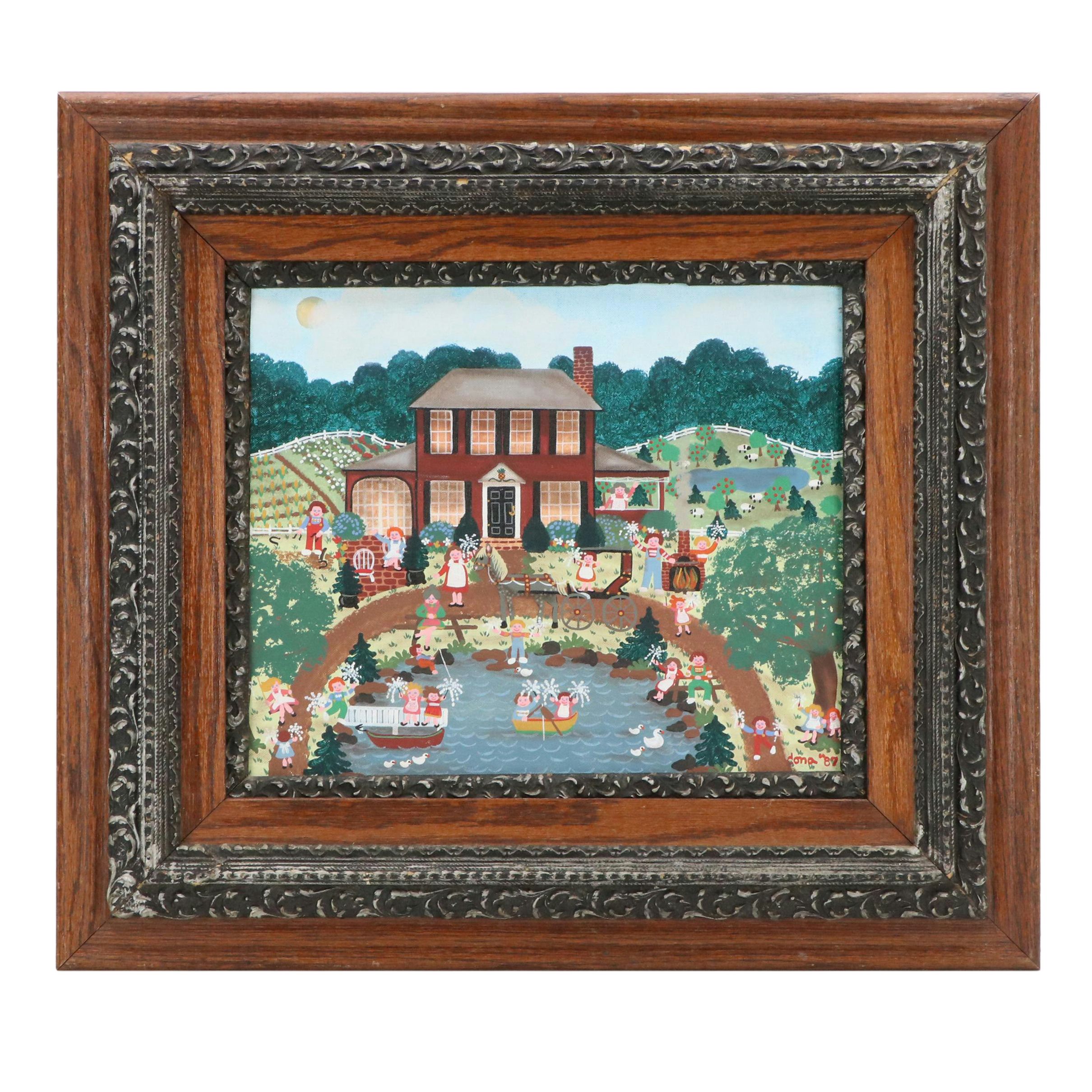 Dona Douma Folk Art Rural Landscape Oil Painting, 1987