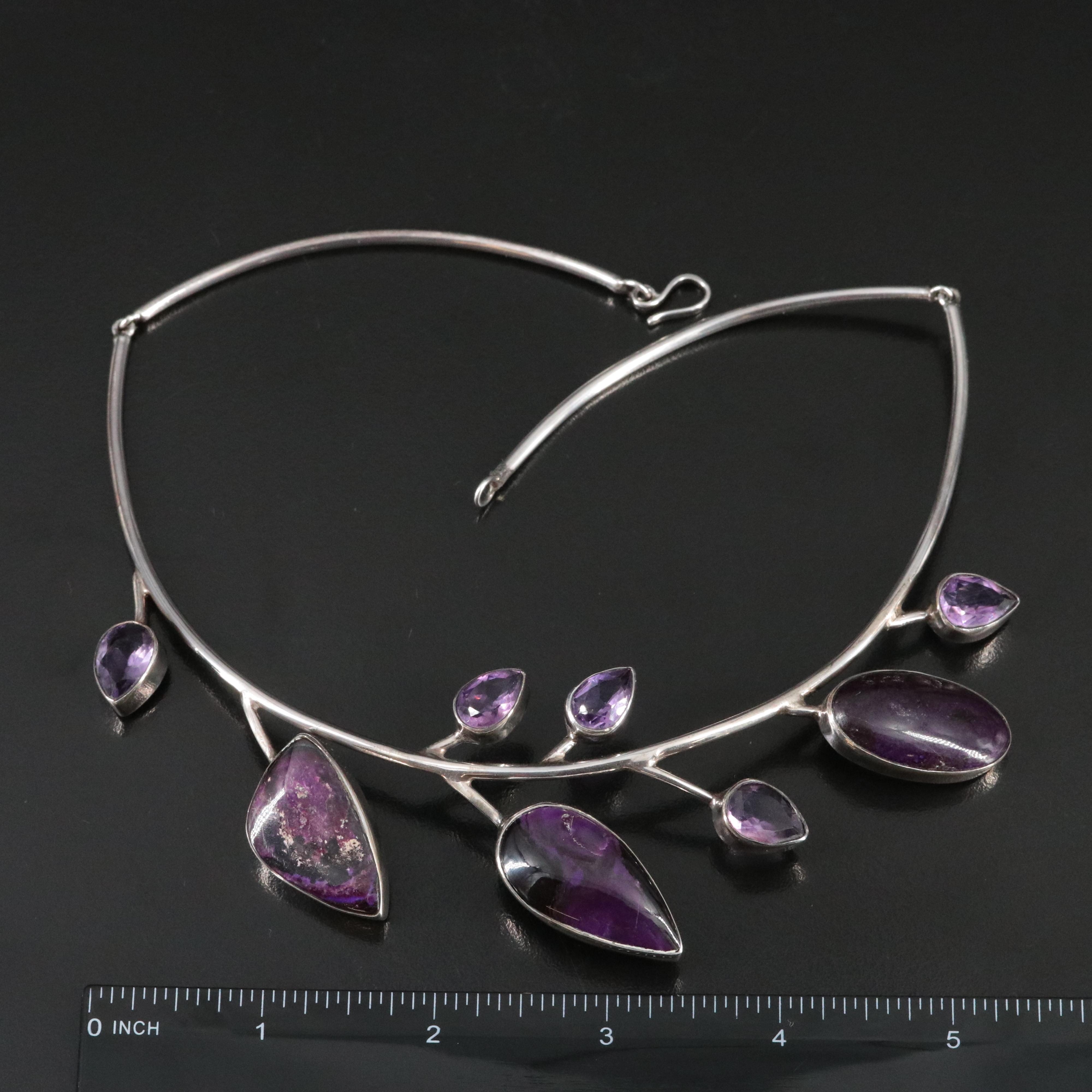 Sterling Sugilite and Amethyst Foliate Collar Necklace