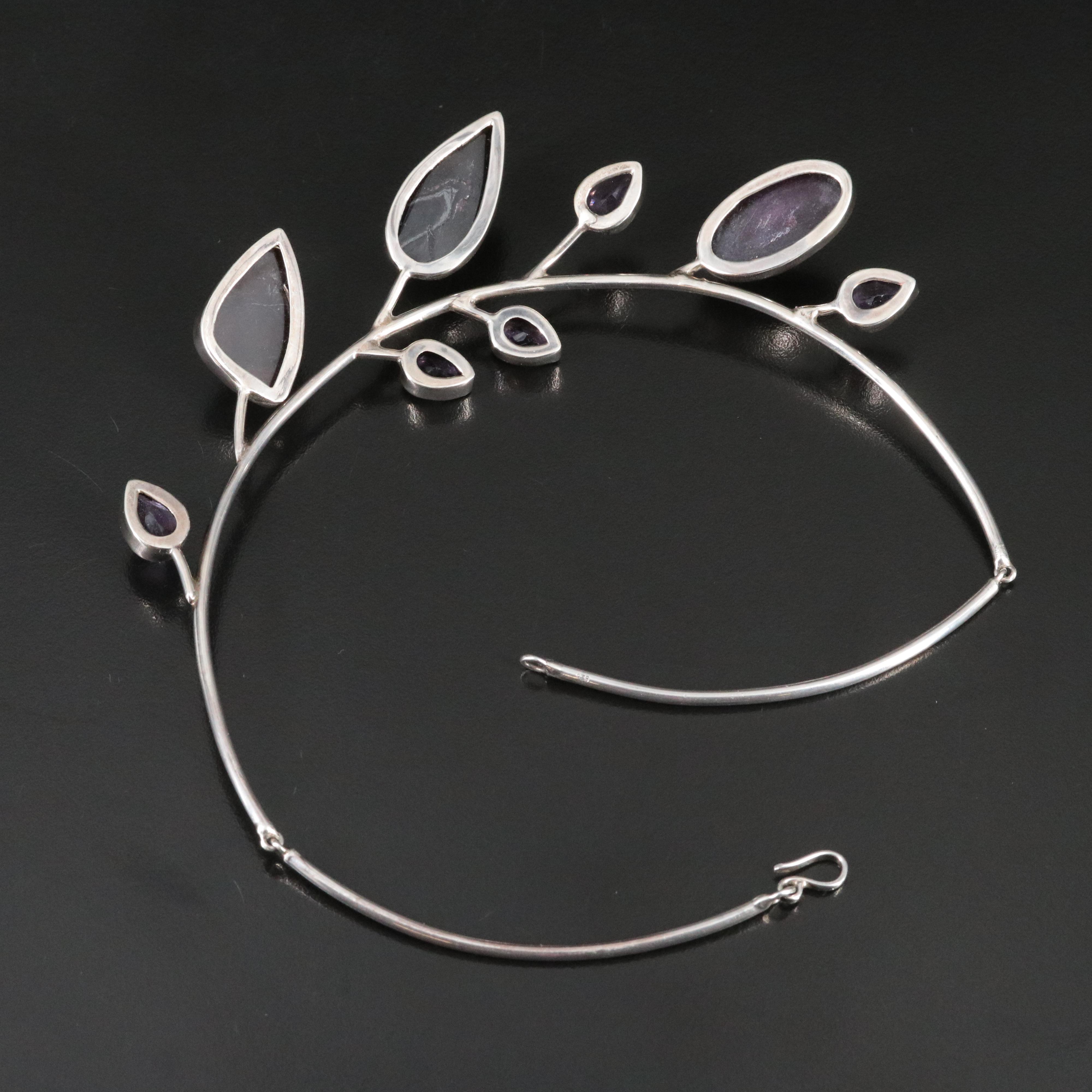 Sterling Sugilite and Amethyst Foliate Collar Necklace