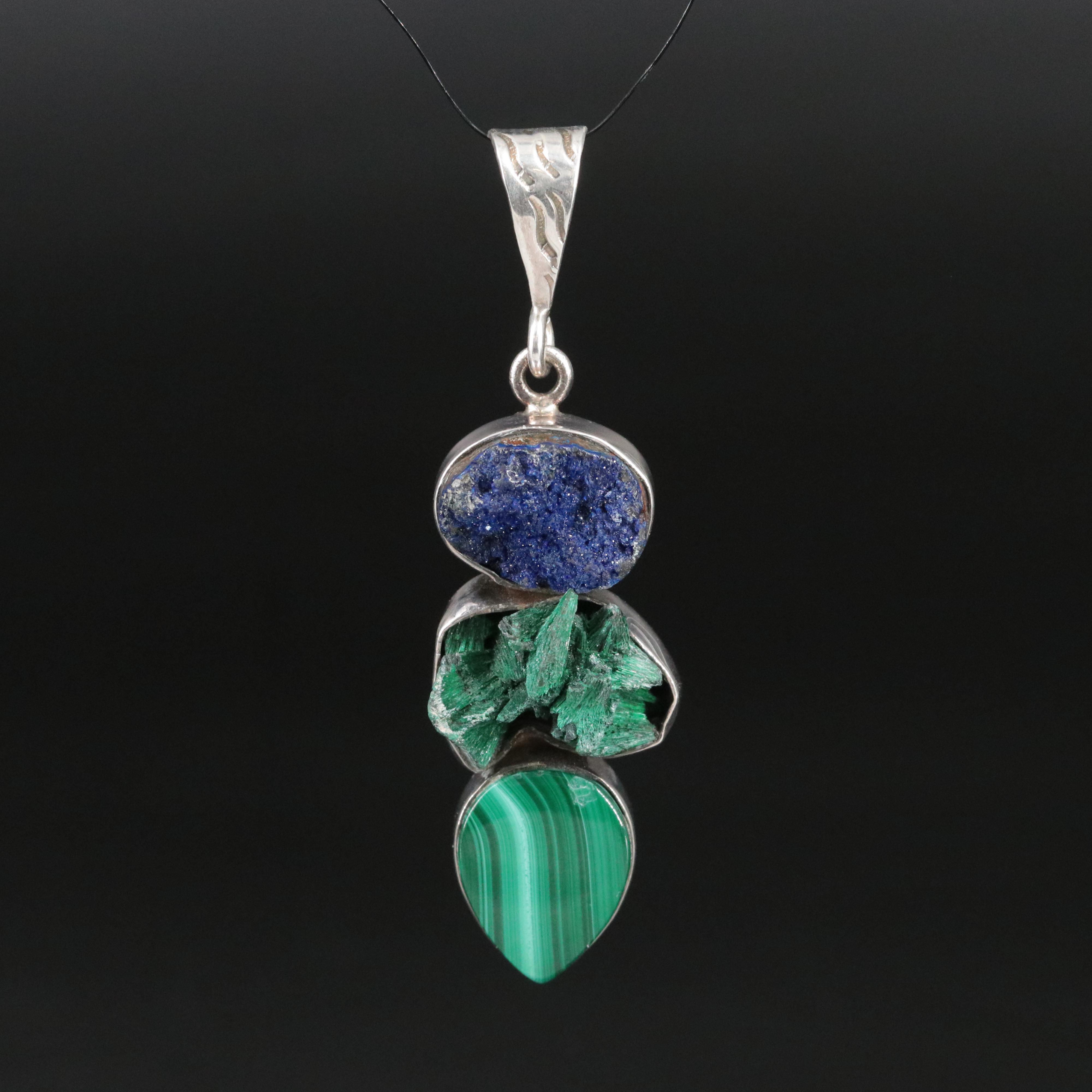 Sterling Druzy and Malachite Drop Pendant