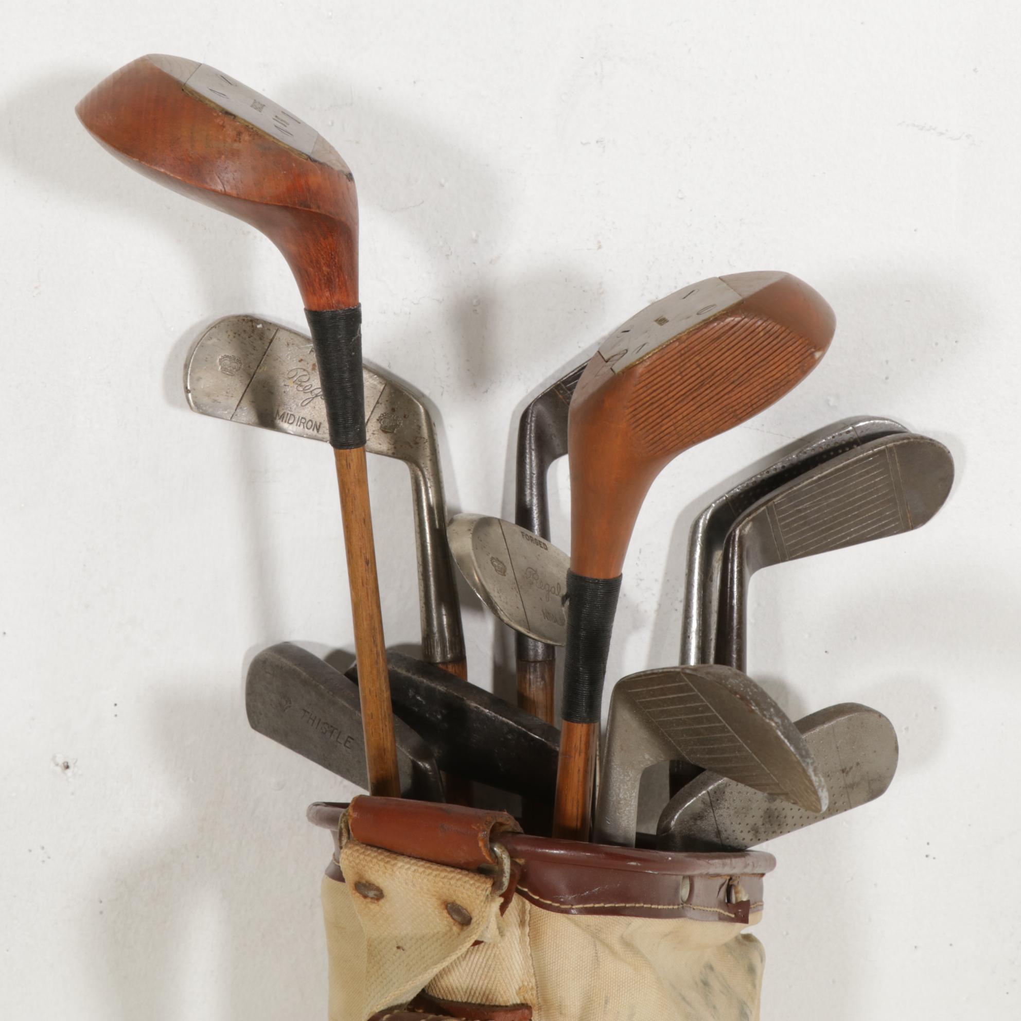 Regal, Windsor and Gold Smith Wood-Shank Golf Clubs in Canvas Bag