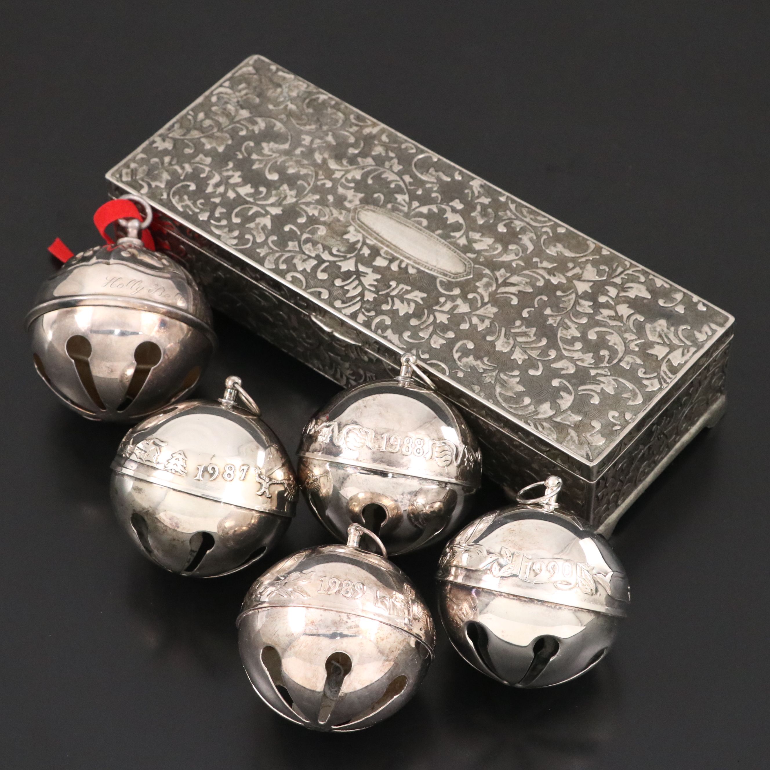 Wallace and More Annual Silver Plate Bells with Repoussé Metal Jewelry Box