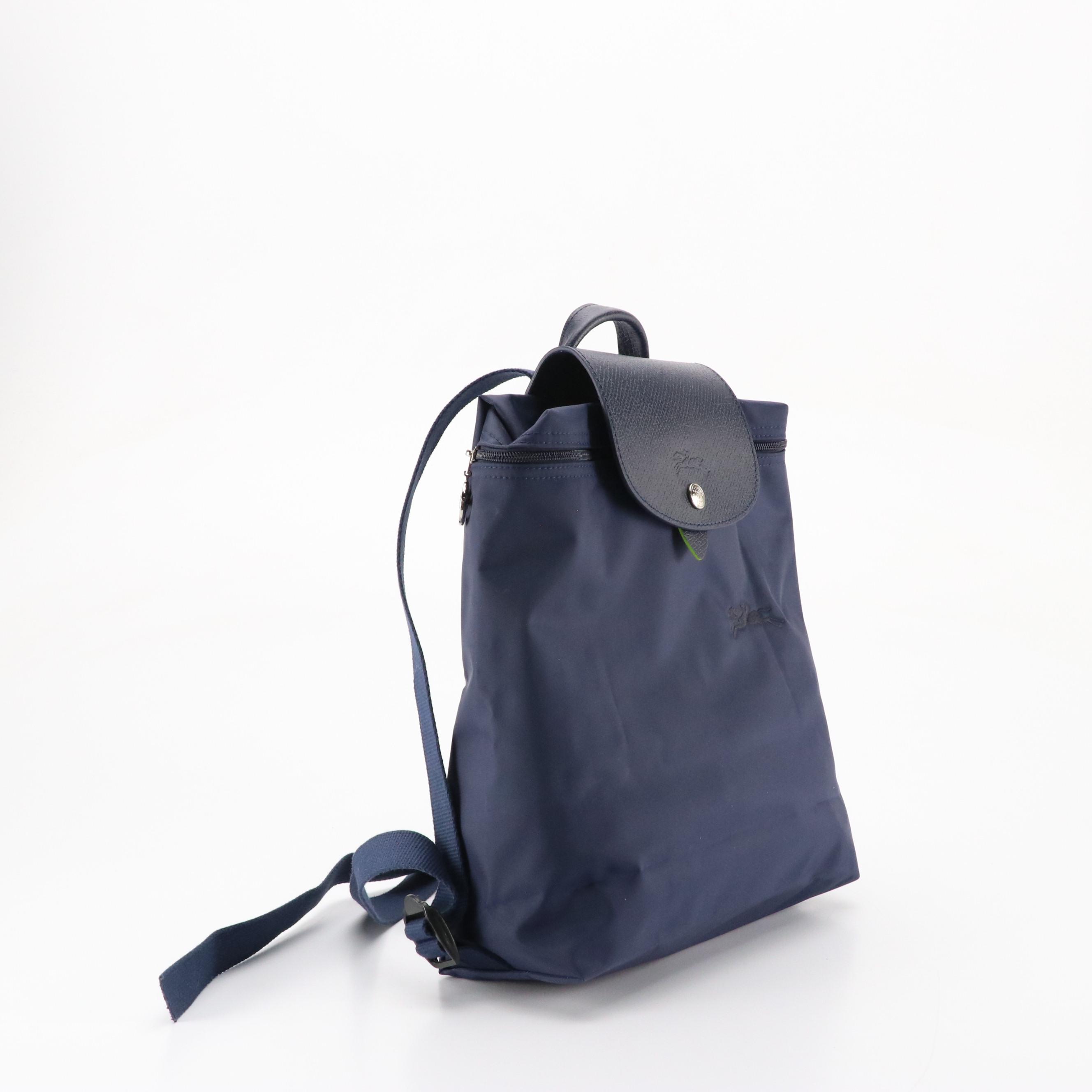 Longchamp Le Pliage Backpack in Navy Blue Nylon Canvas and Leather Trim