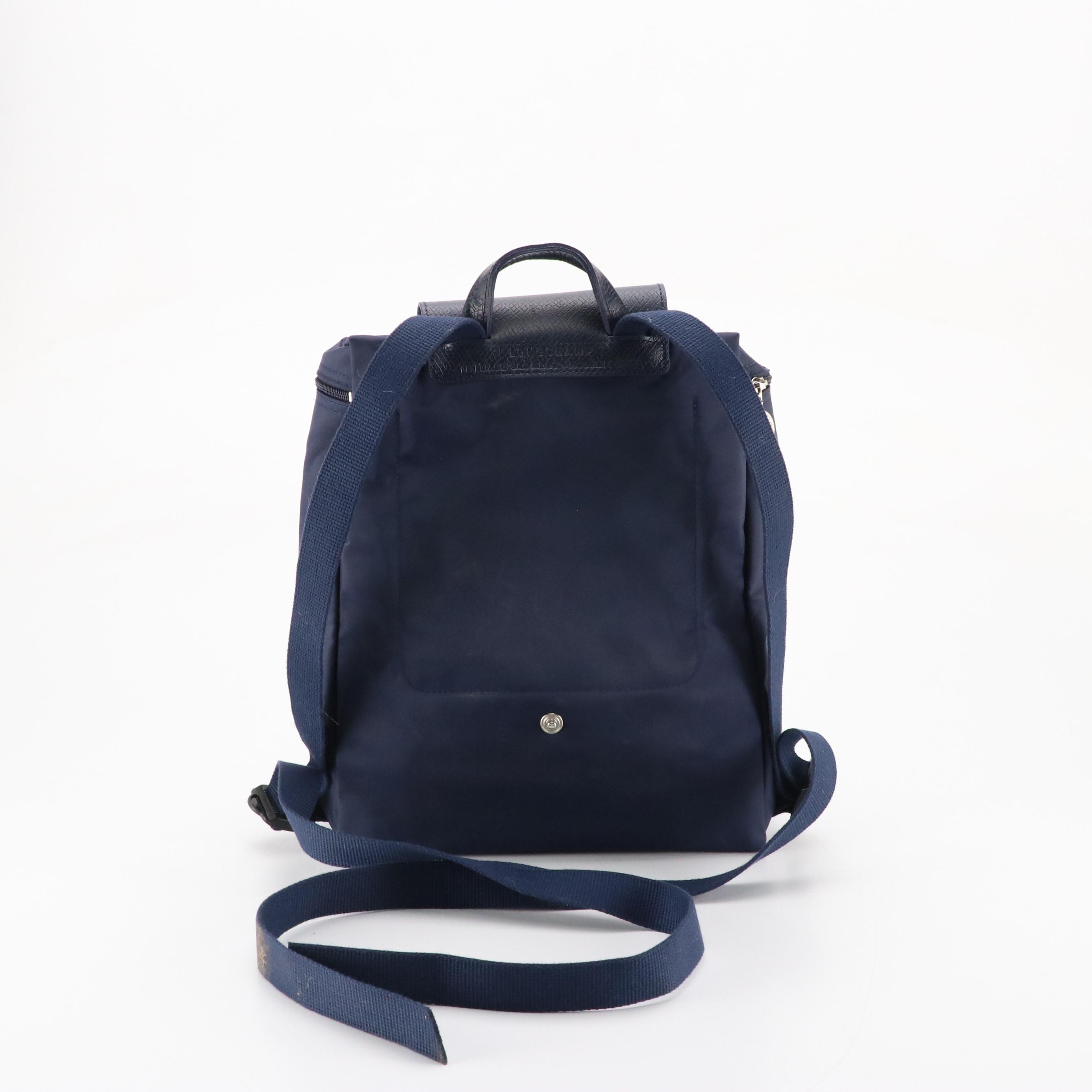 Longchamp Le Pliage Backpack in Navy Blue Nylon Canvas and Leather Trim