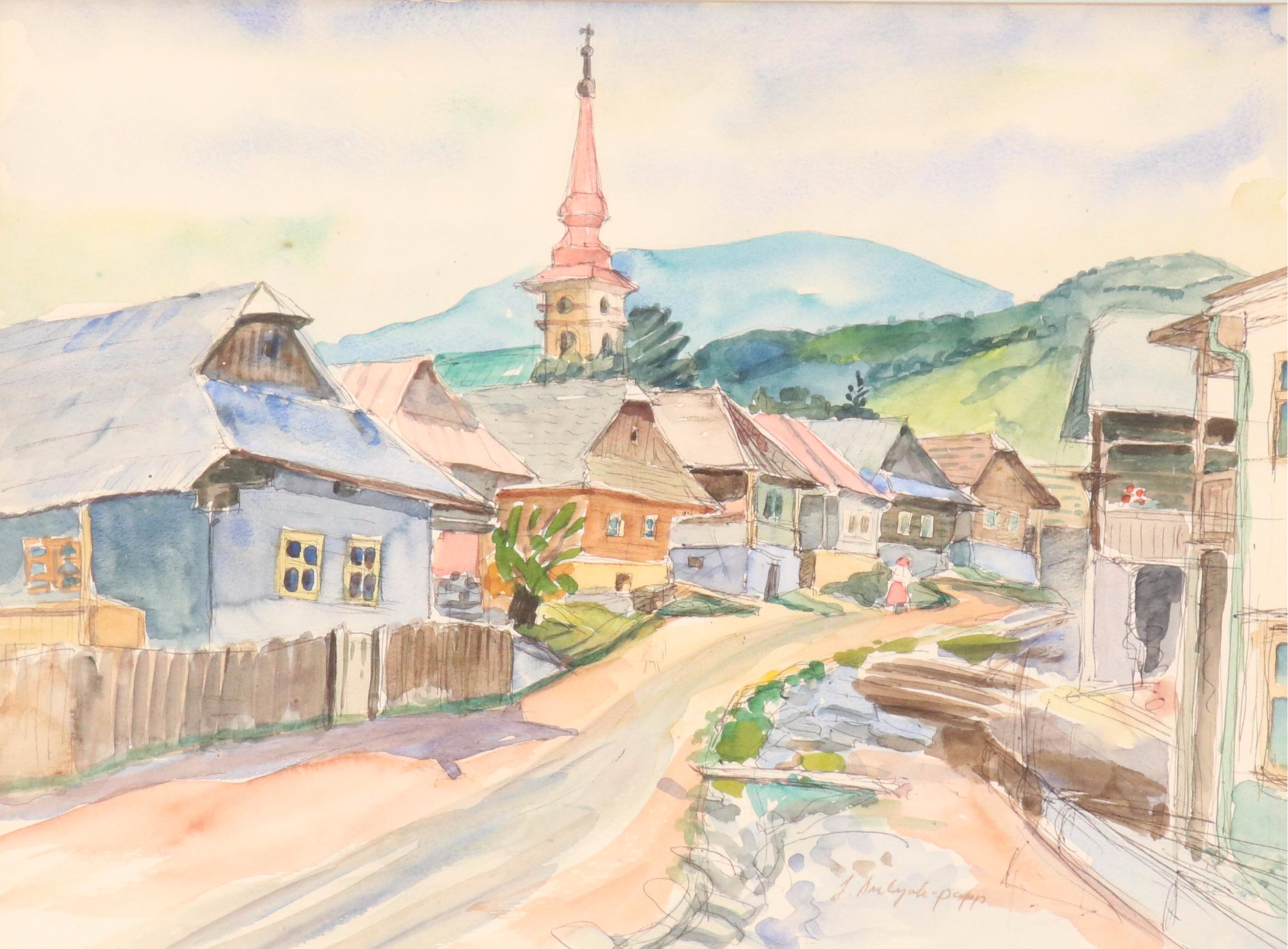 Jozsef Sulyok-Papp Village Street Scene Watercolor Painting