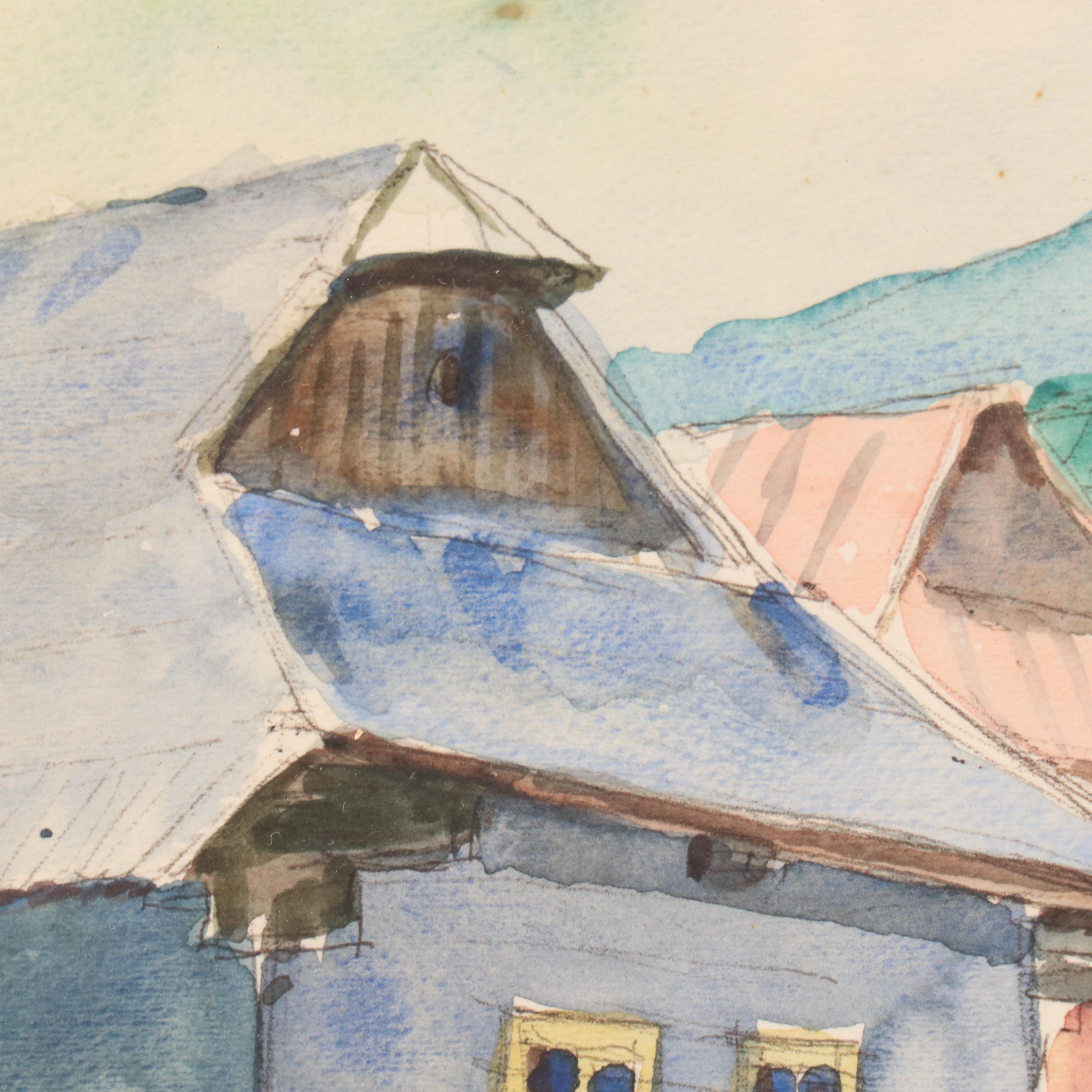 Jozsef Sulyok-Papp Village Street Scene Watercolor Painting