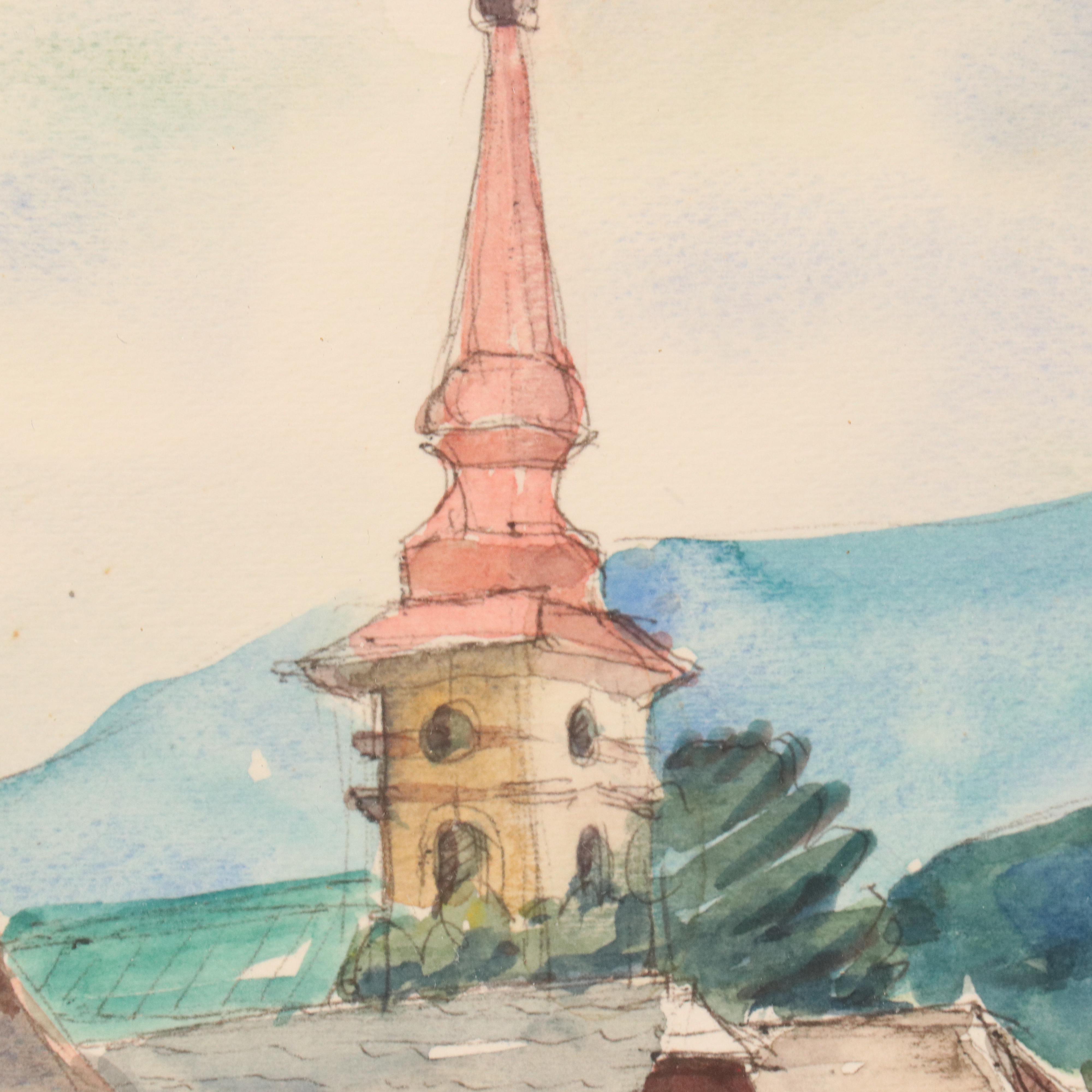 Jozsef Sulyok-Papp Village Street Scene Watercolor Painting