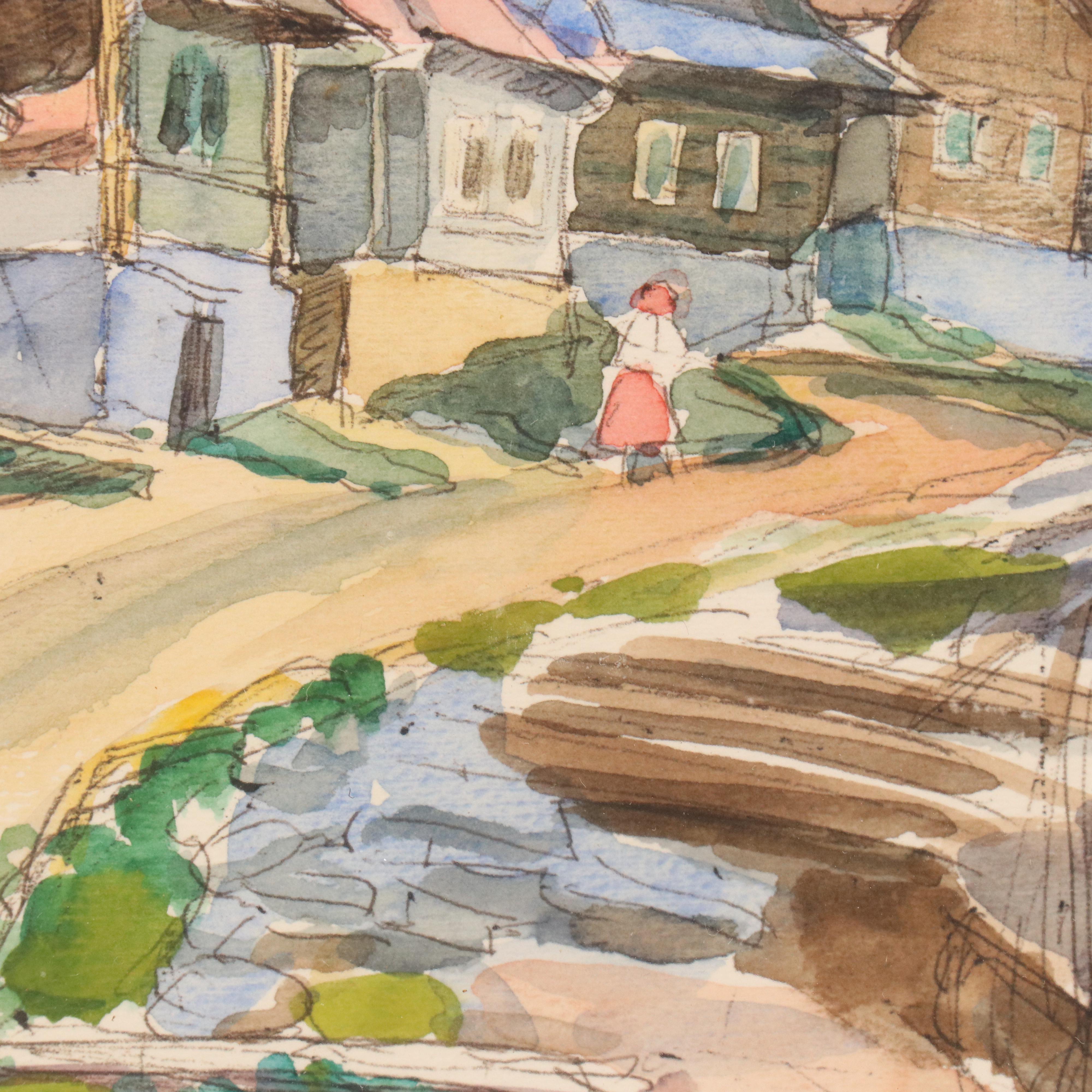 Jozsef Sulyok-Papp Village Street Scene Watercolor Painting