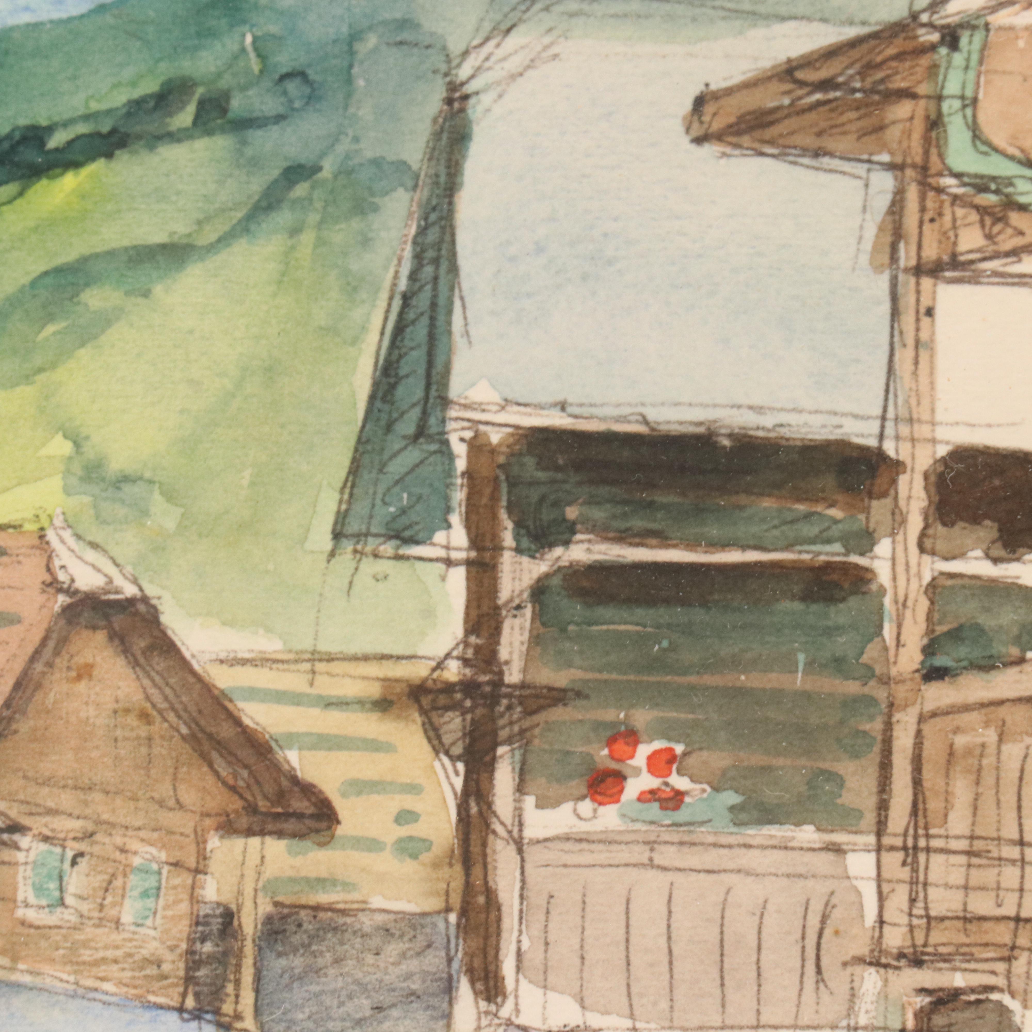 Jozsef Sulyok-Papp Village Street Scene Watercolor Painting