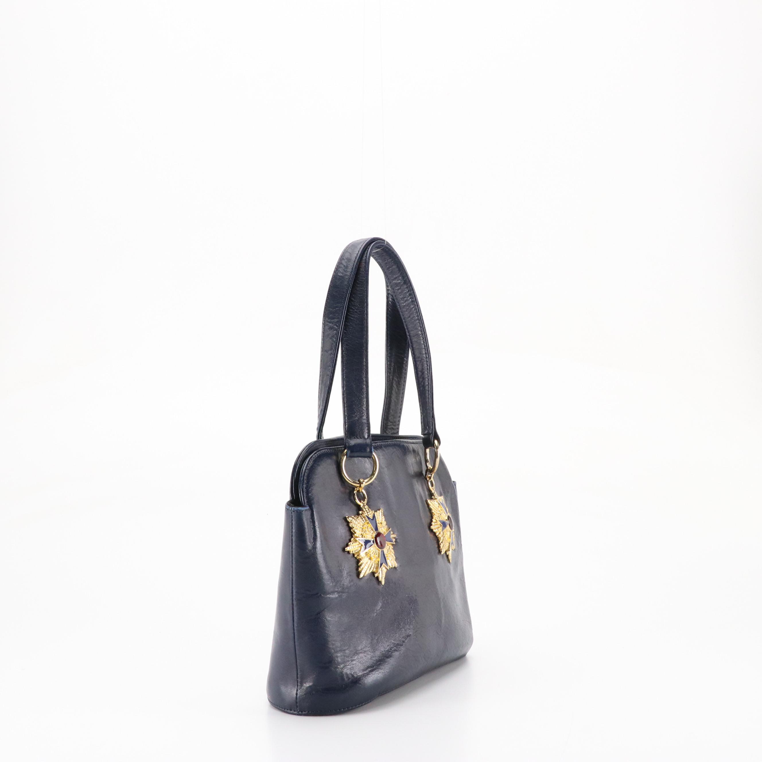 Gianni Versace Vintage Gripoix Maltese Cross Embellished Handbag in Navy Leather
