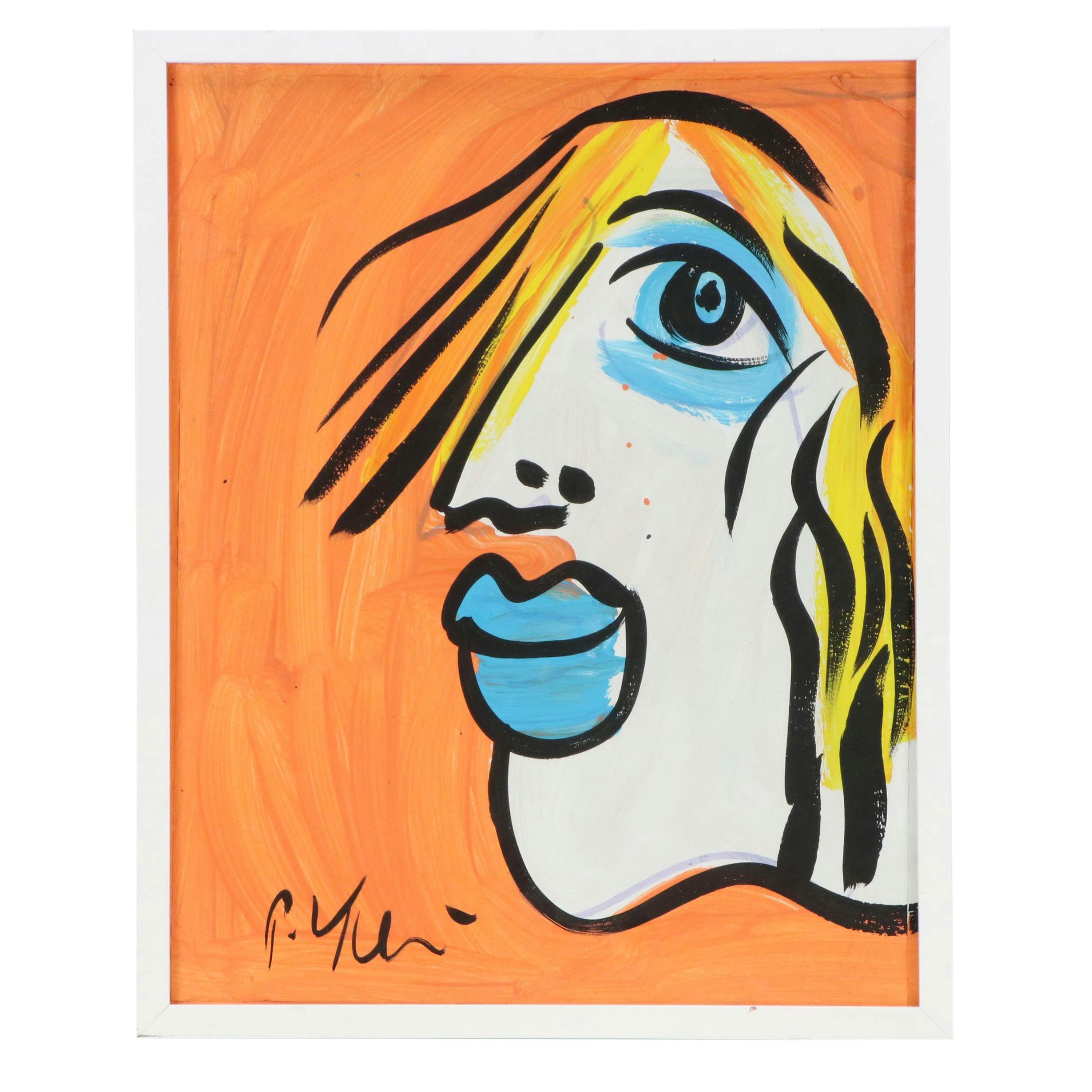 Peter Keil Abstract Portrait Acrylic Painting, Late 20th Century