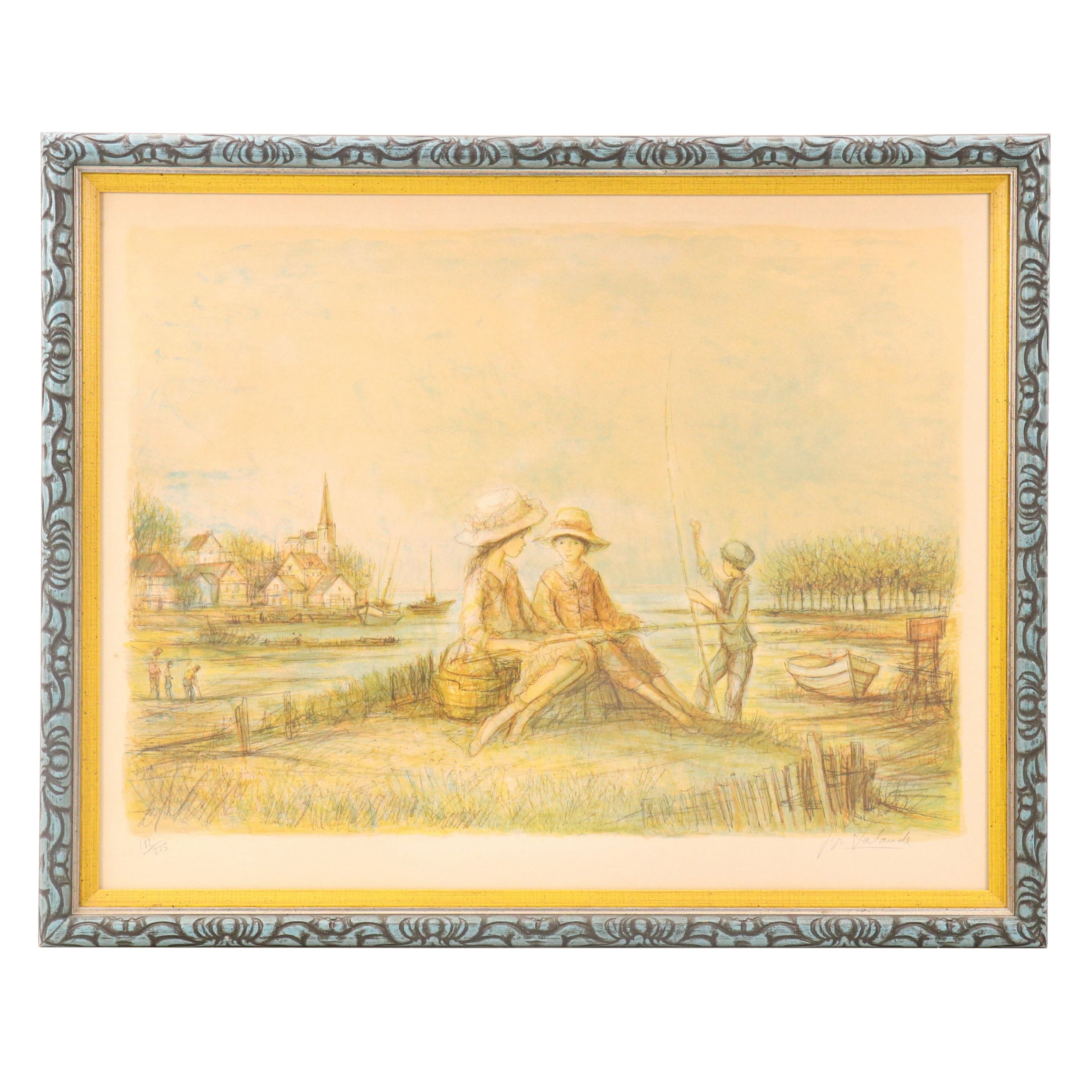 Jacques Lalande Lithograph of Harbor Scene With Figures