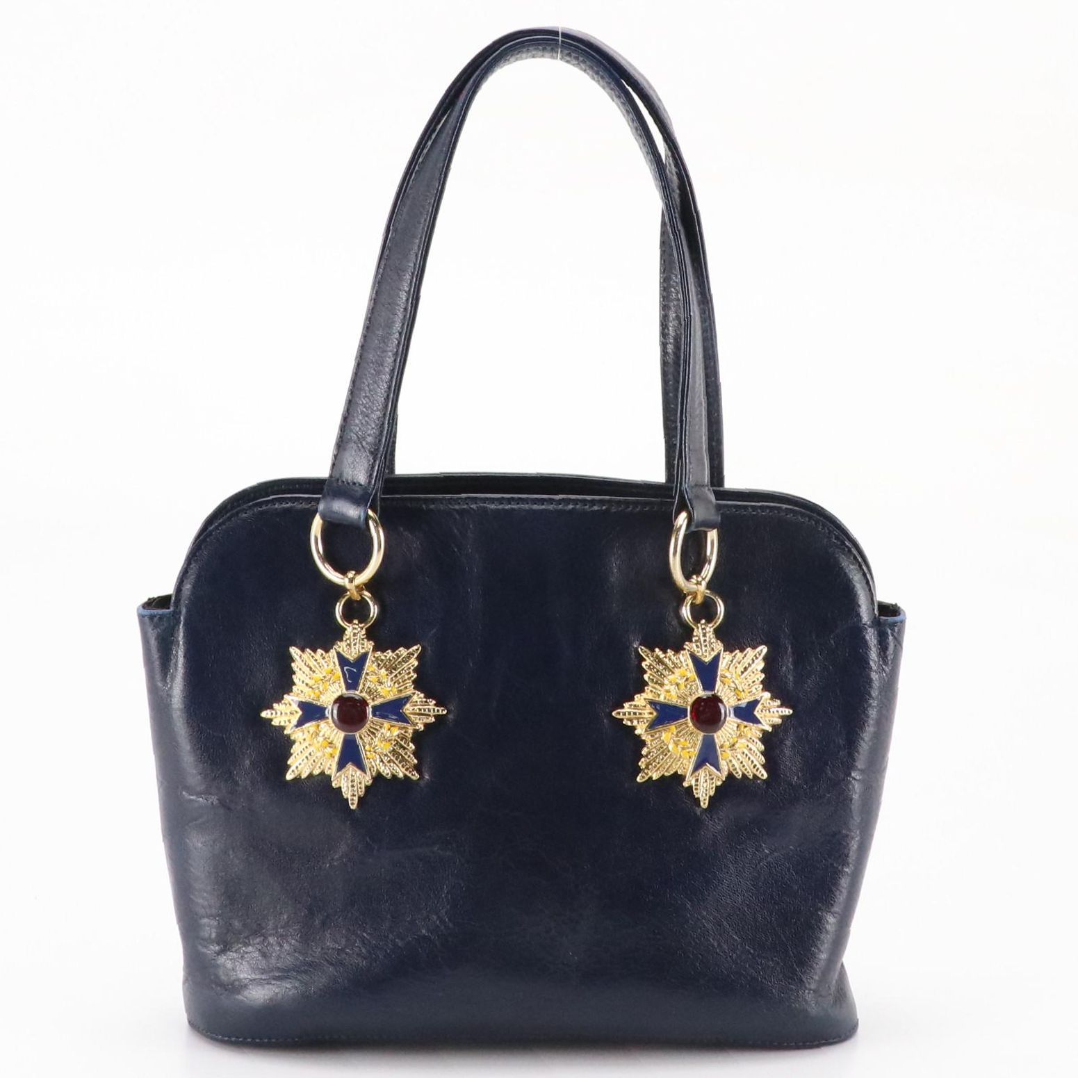 Gianni Versace Vintage Gripoix Maltese Cross Embellished Handbag in Navy Leather