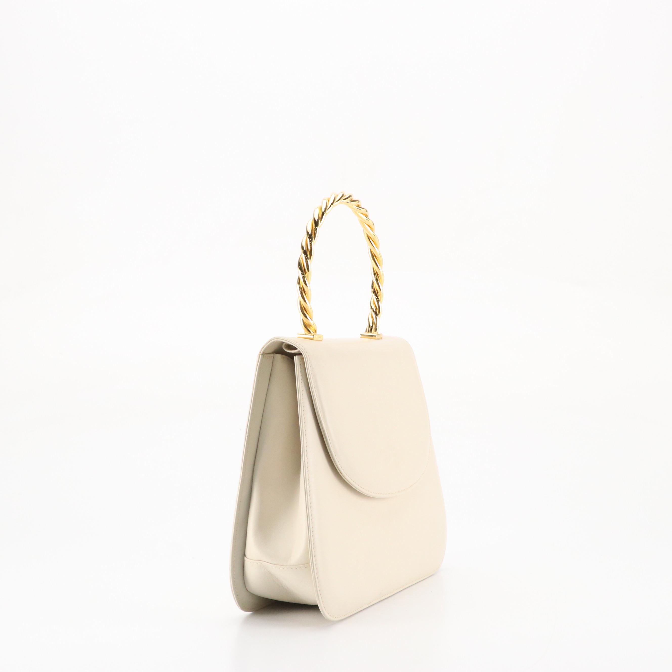 Salvatore Ferragamo Vintage Top Handle Flap Bag in Bone Calfskin Leather