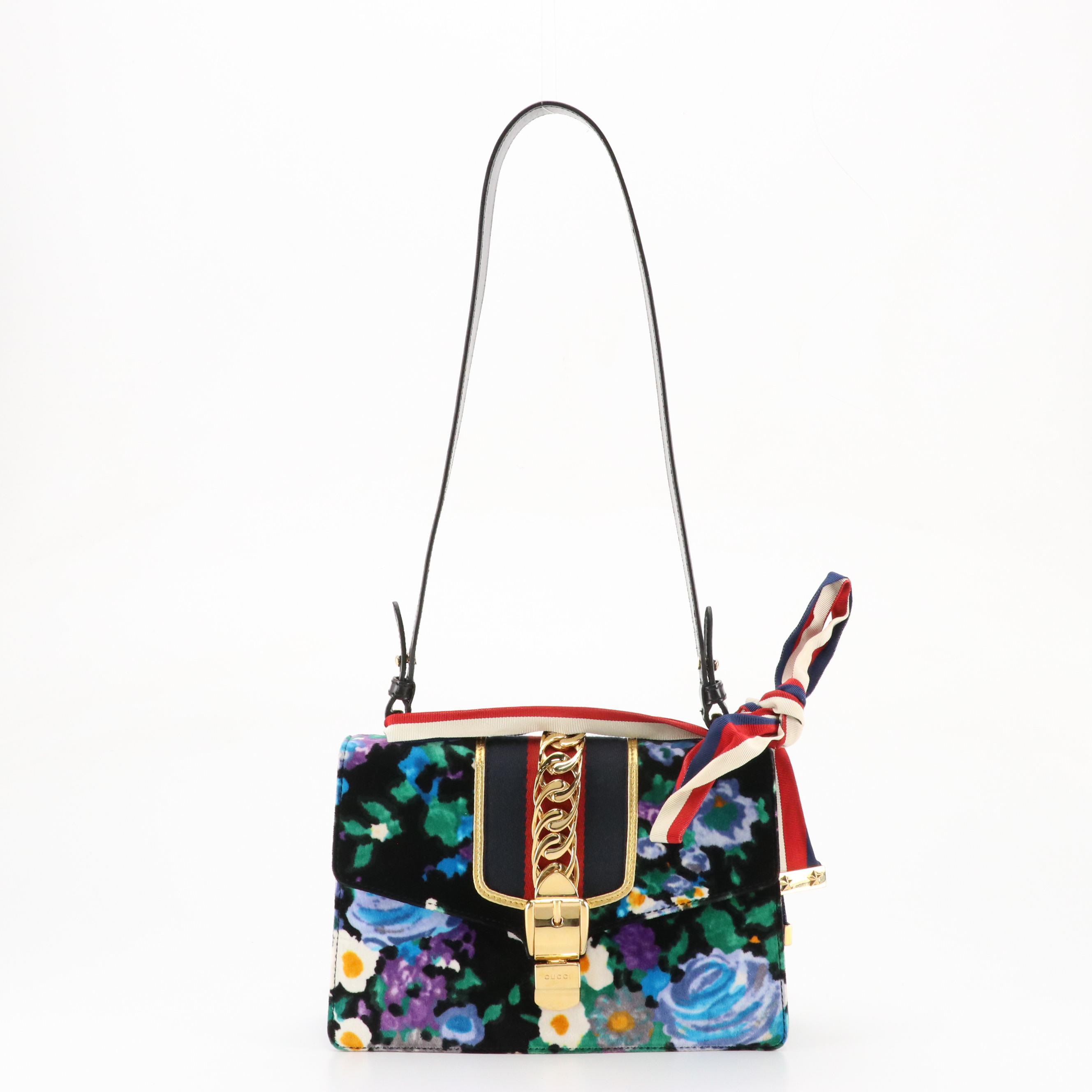 Gucci Sylvie Two-Way Bag in Floral Printed Velvet and Calfskin Leather Trim