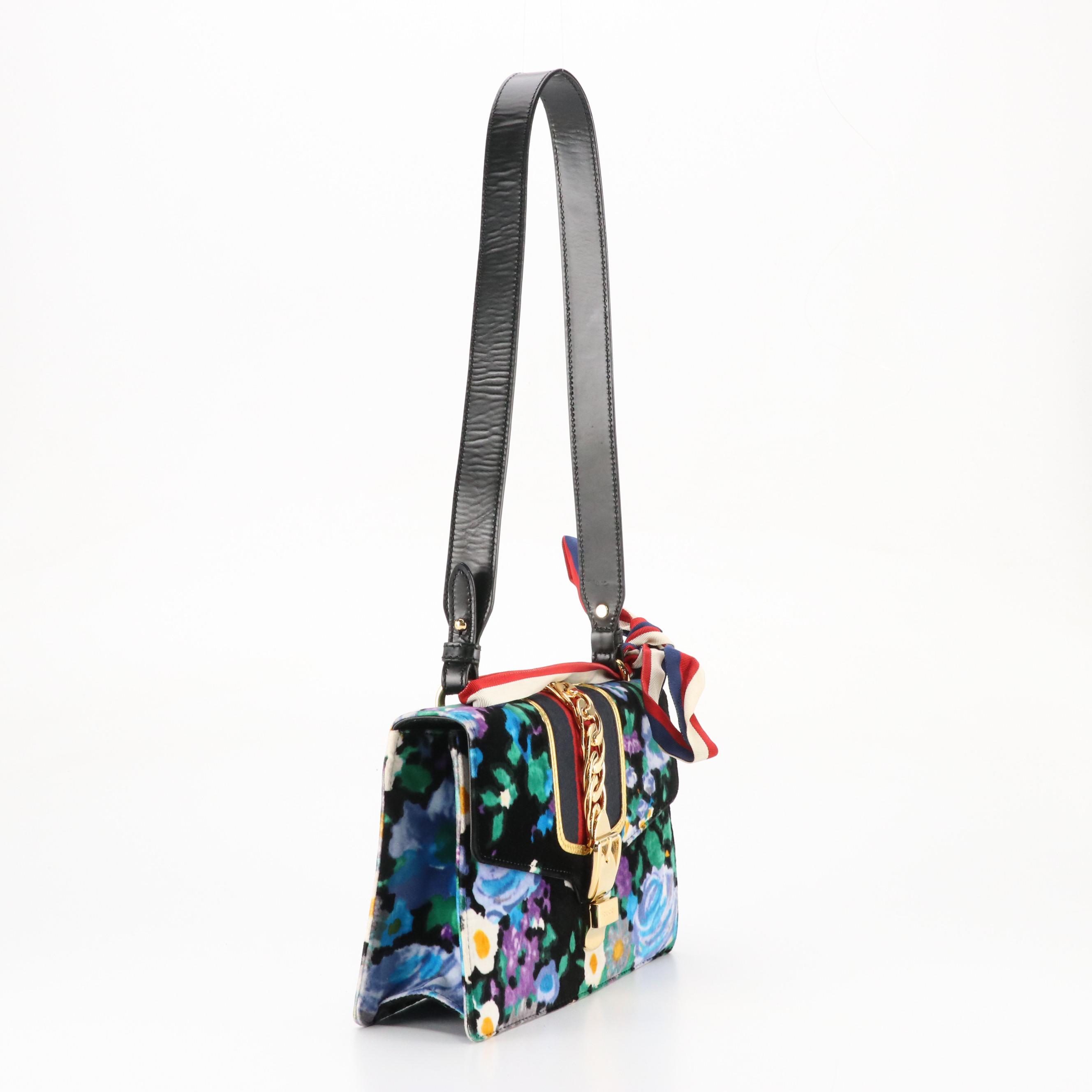 Gucci Sylvie Two-Way Bag in Floral Printed Velvet and Calfskin Leather Trim
