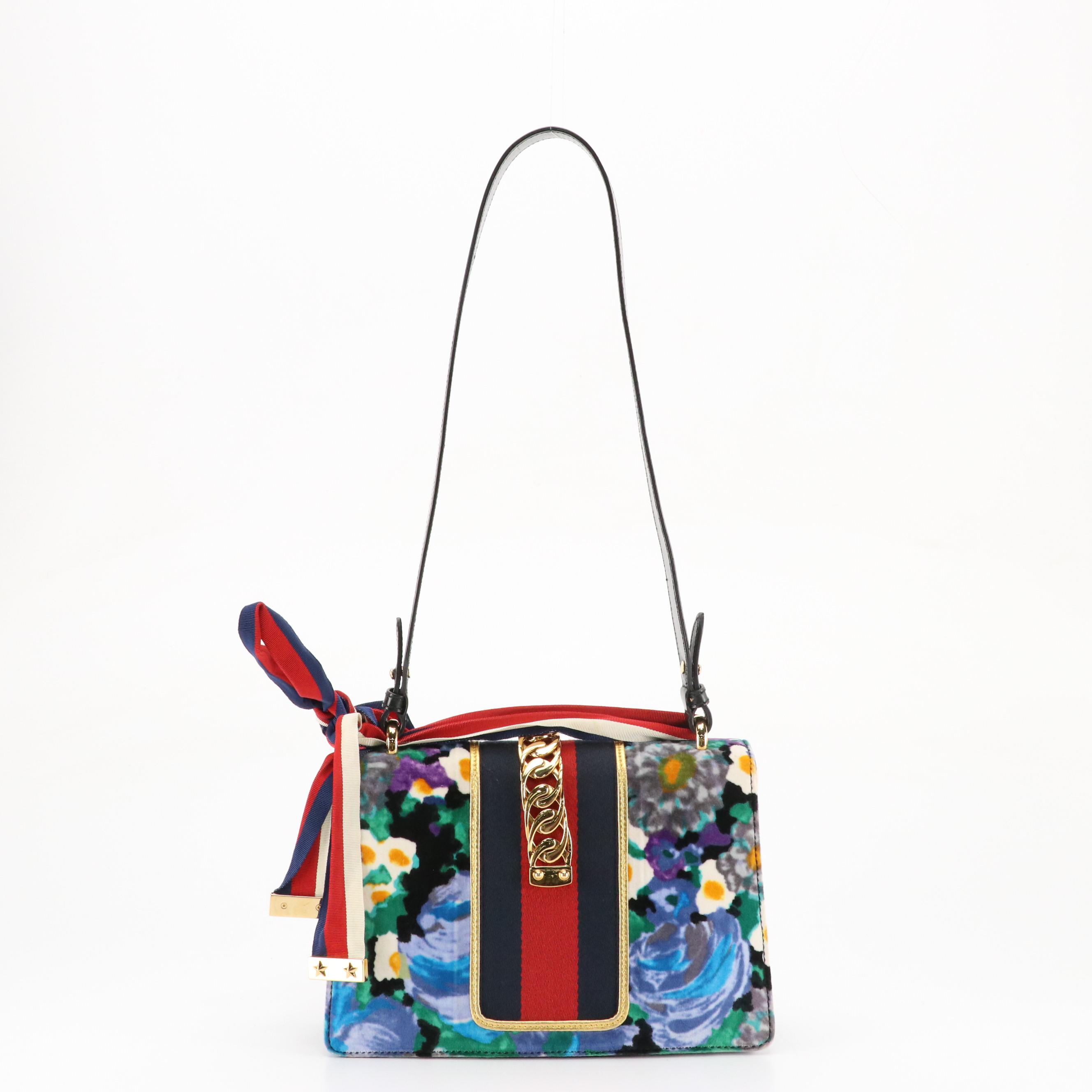 Gucci Sylvie Two-Way Bag in Floral Printed Velvet and Calfskin Leather Trim