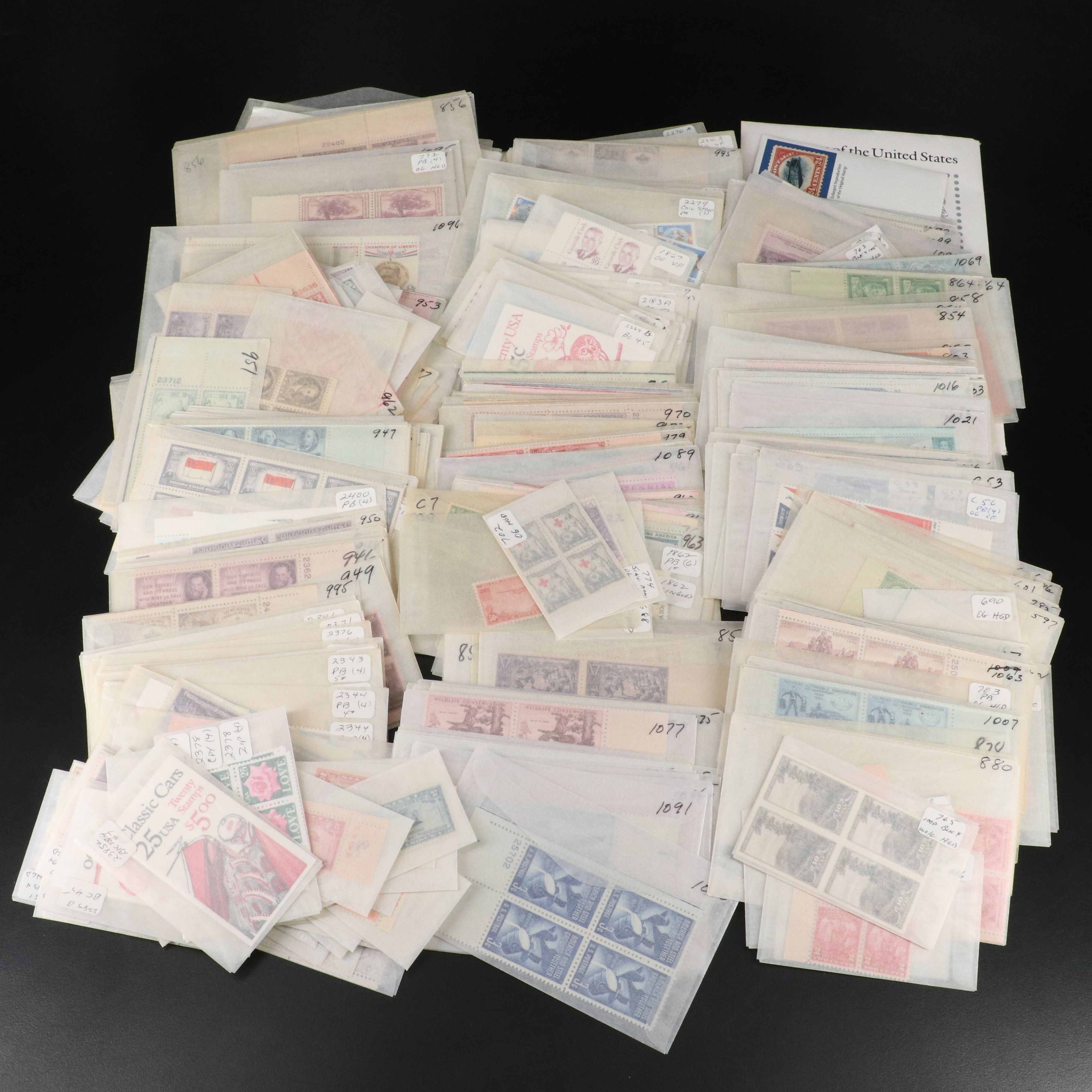 Large Group of U.S. Postage Stamp Blocks, Plate Blocks, Singles and Pairs