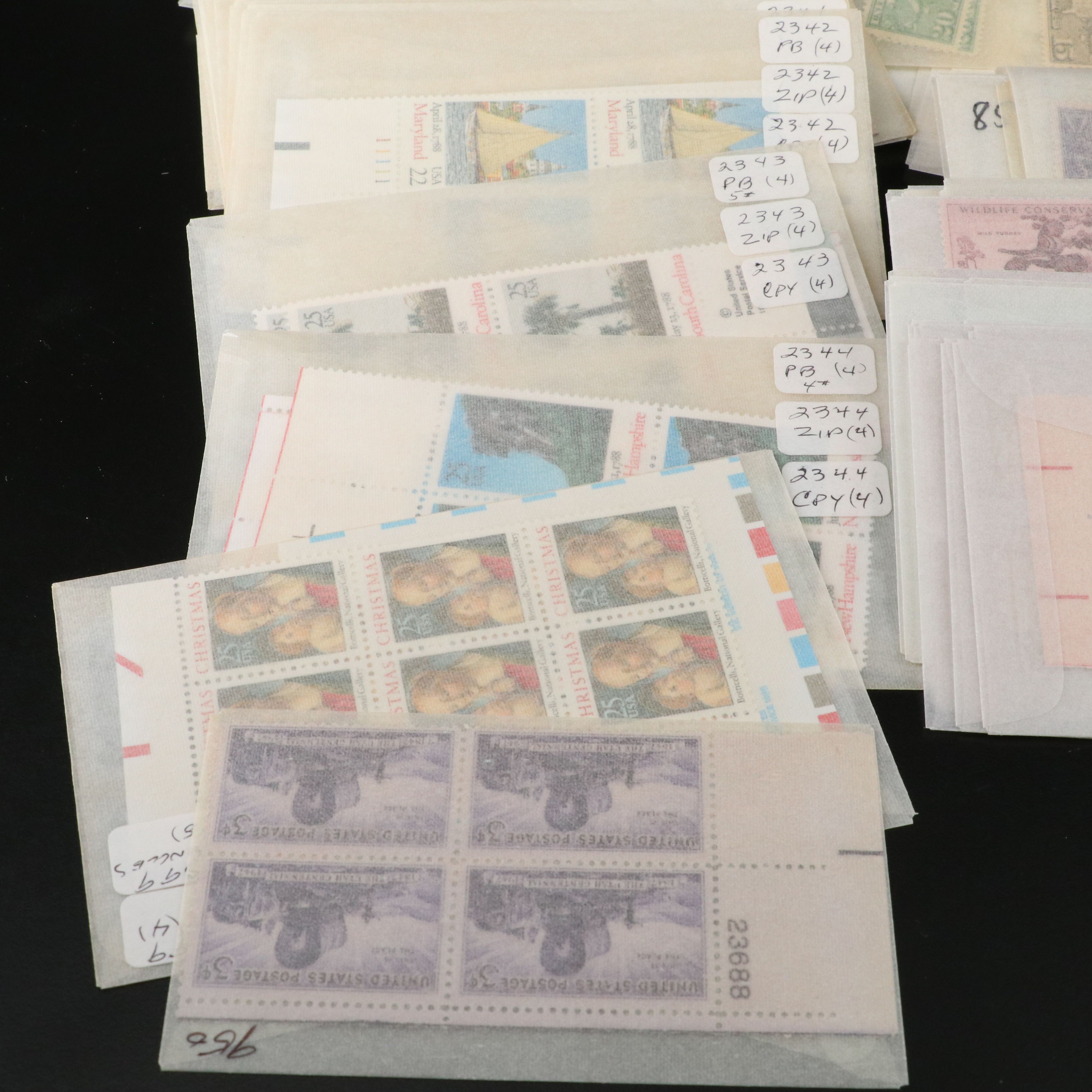 Large Group of U.S. Postage Stamp Blocks, Plate Blocks, Singles and Pairs