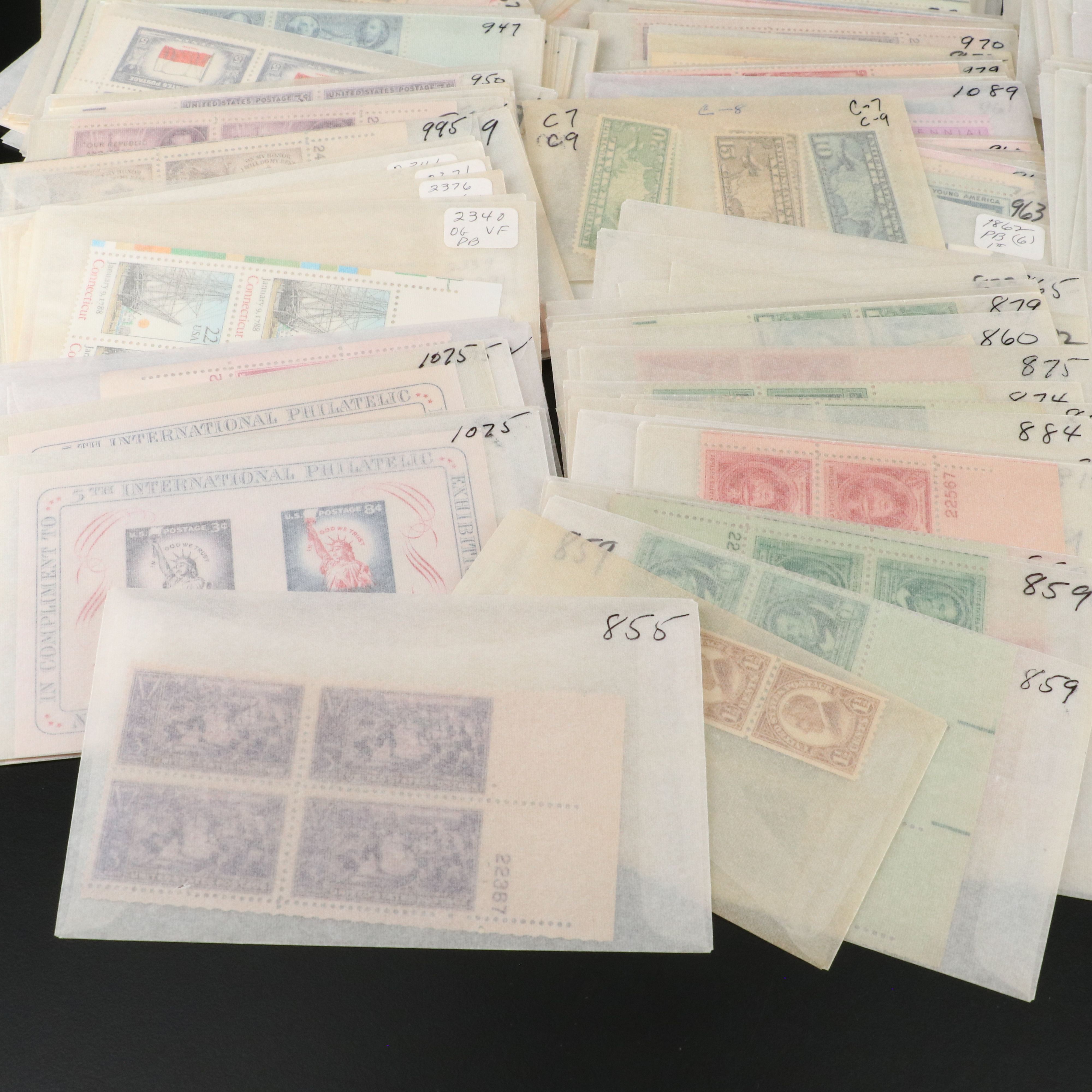 Large Group of U.S. Postage Stamp Blocks, Plate Blocks, Singles and Pairs
