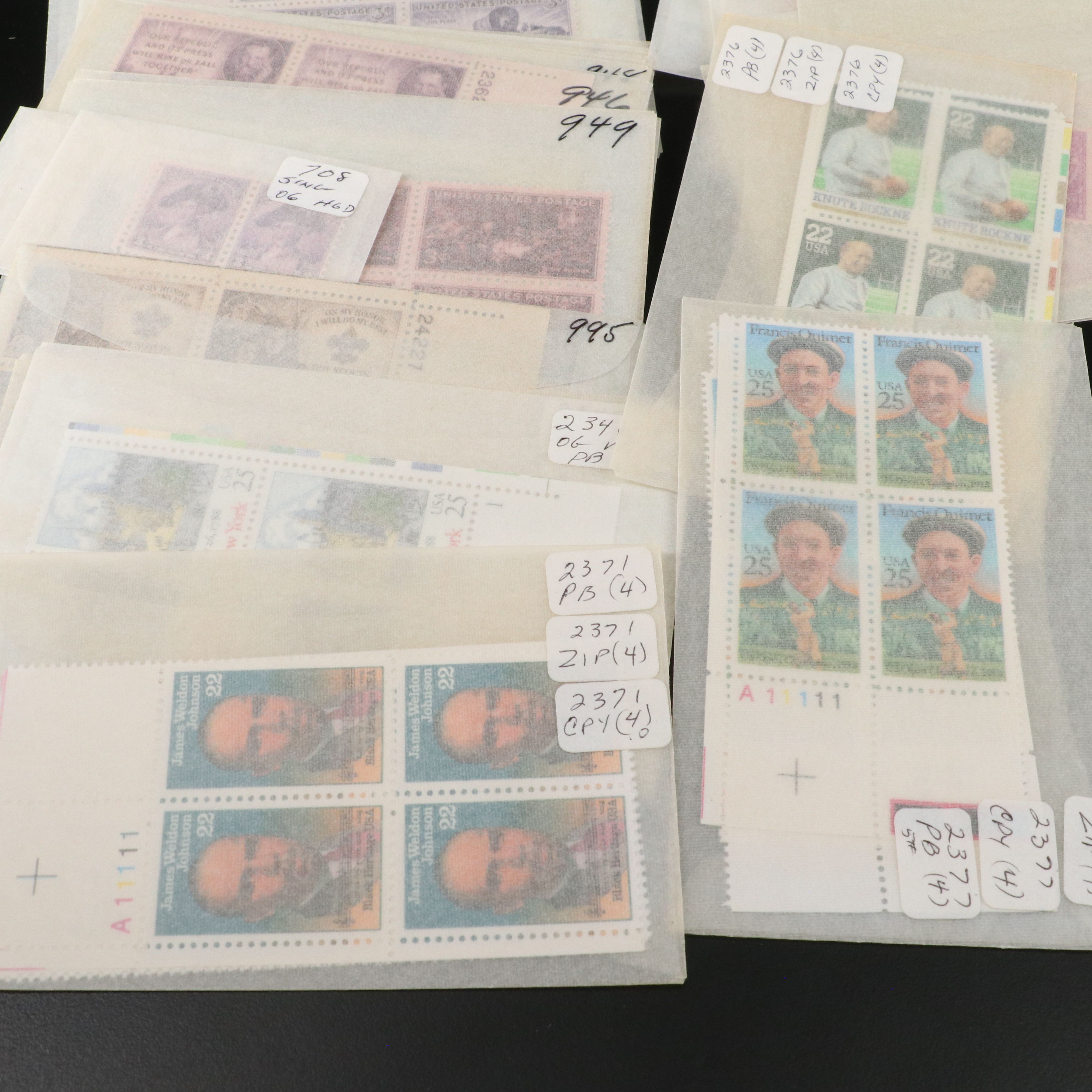 Large Group of U.S. Postage Stamp Blocks, Plate Blocks, Singles and Pairs
