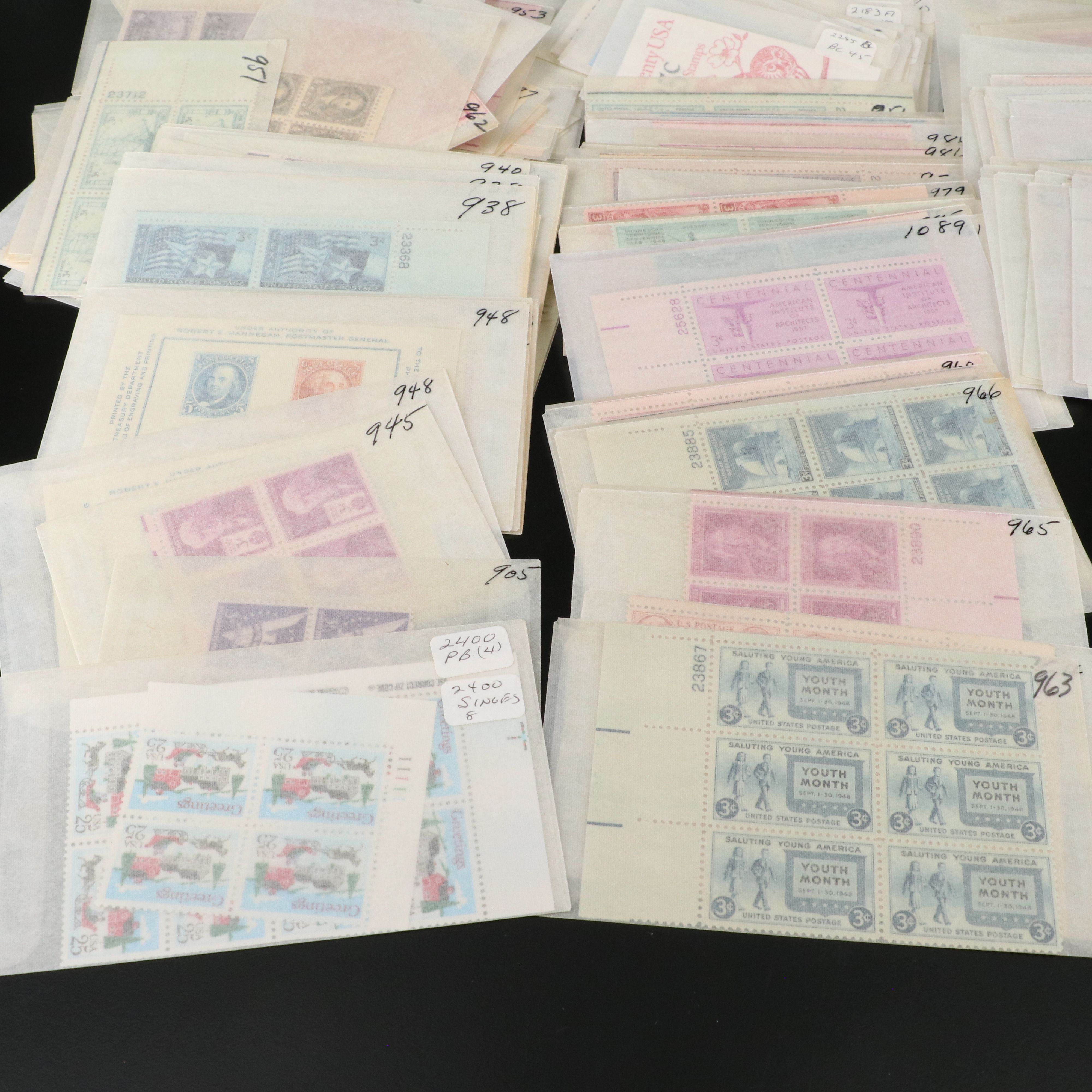Large Group of U.S. Postage Stamp Blocks, Plate Blocks, Singles and Pairs