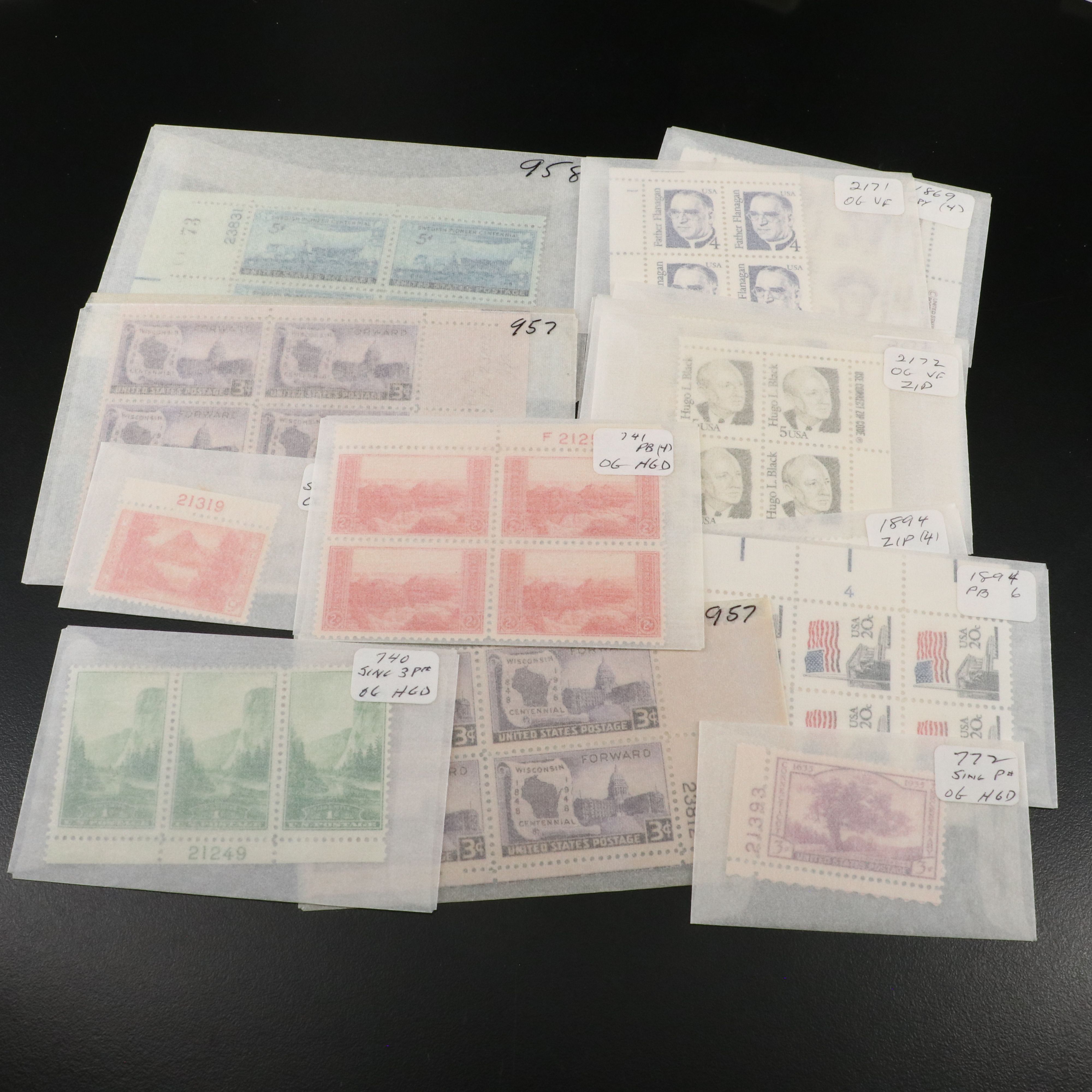 Large Group of U.S. Postage Stamp Blocks, Plate Blocks, Singles and Pairs