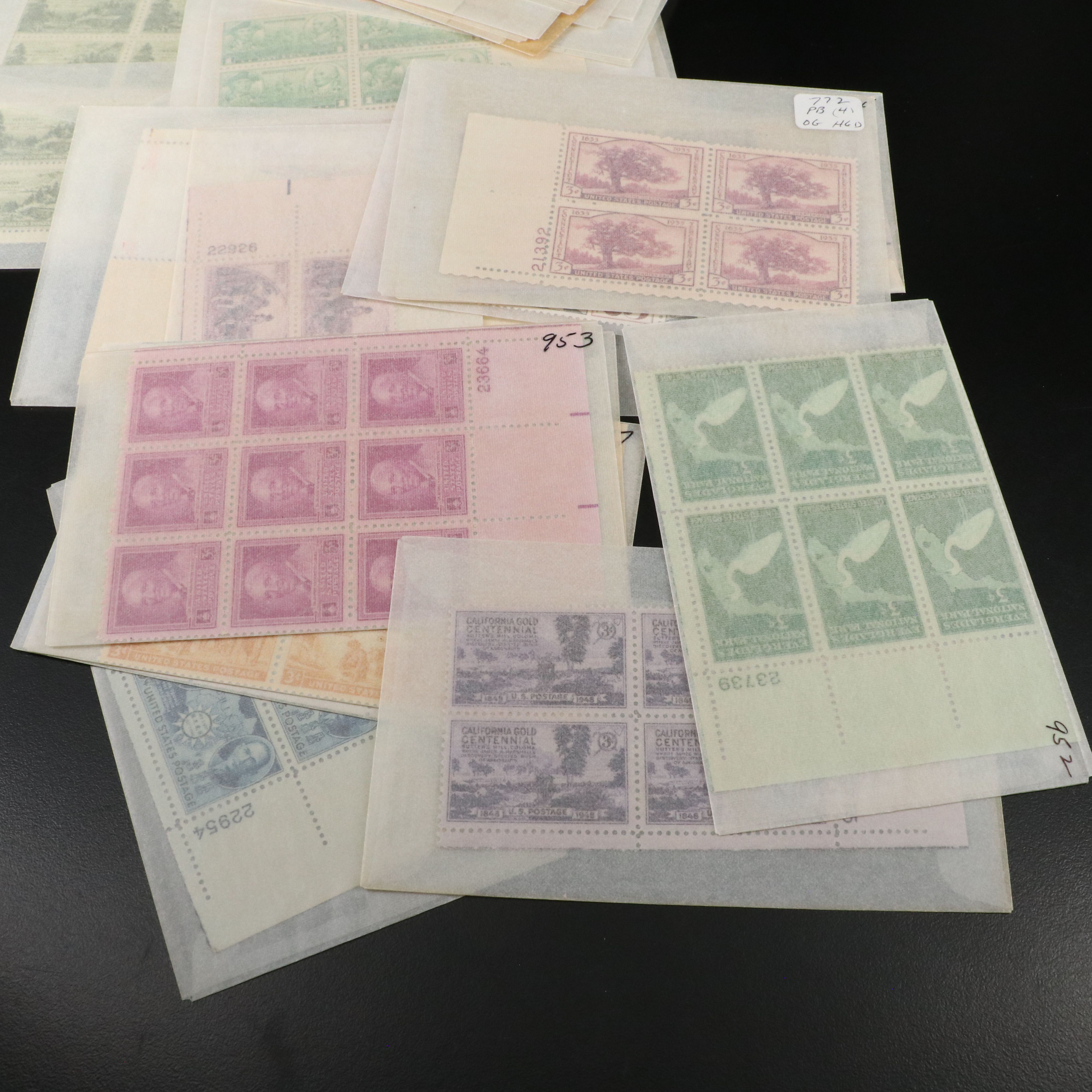 Large Group of U.S. Postage Stamp Blocks, Plate Blocks, Singles and Pairs