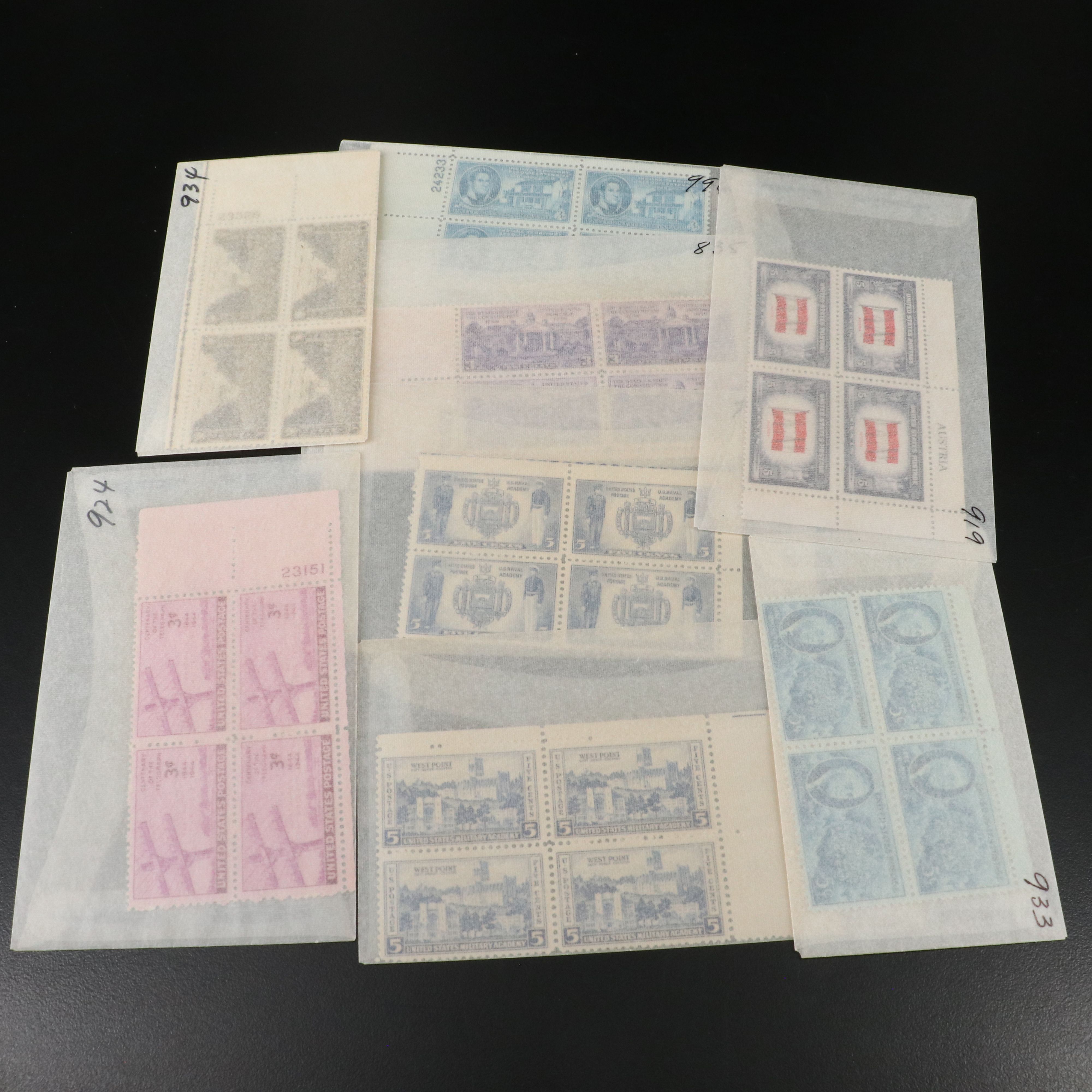 Large Group of U.S. Postage Stamp Blocks, Plate Blocks, Singles and Pairs