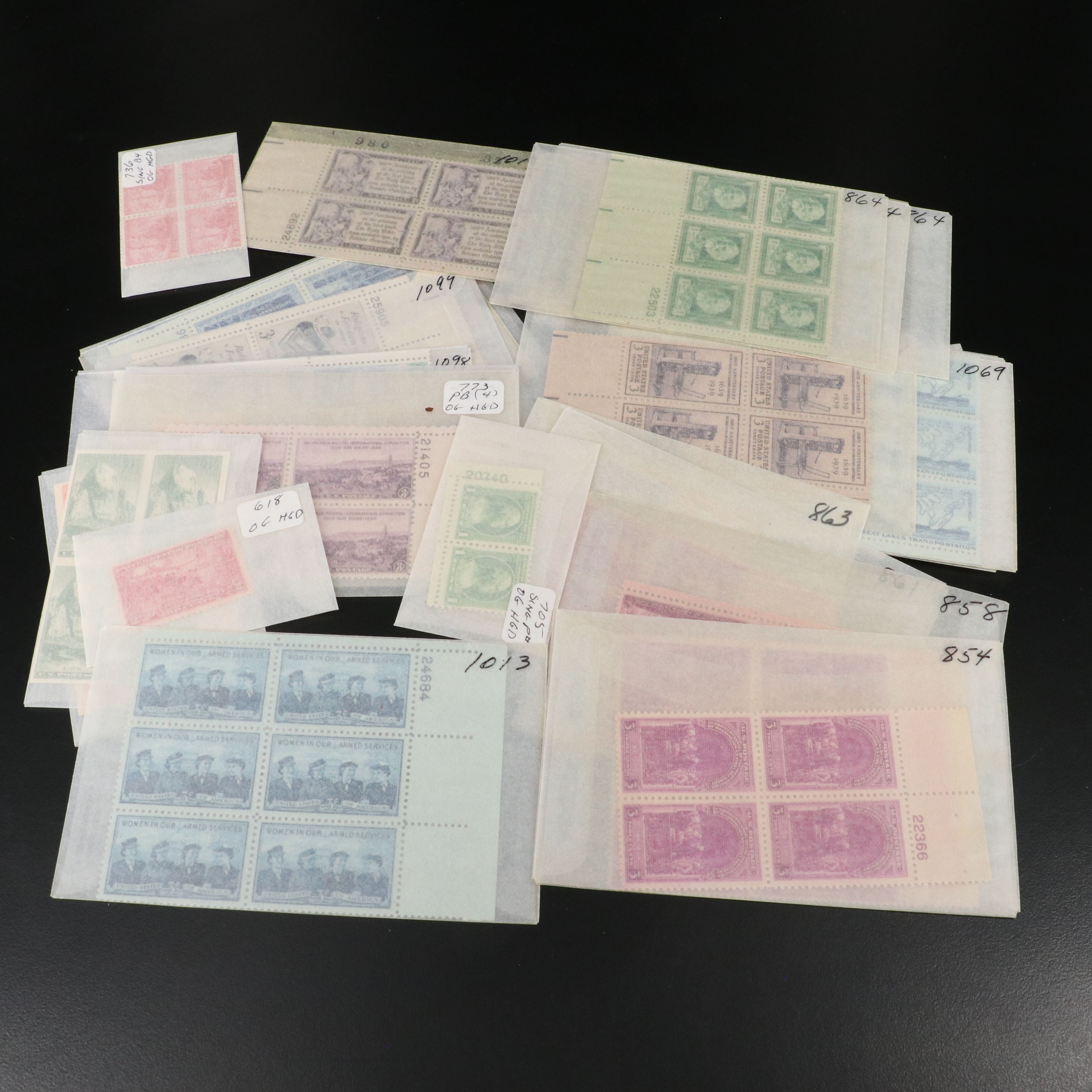 Large Group of U.S. Postage Stamp Blocks, Plate Blocks, Singles and Pairs