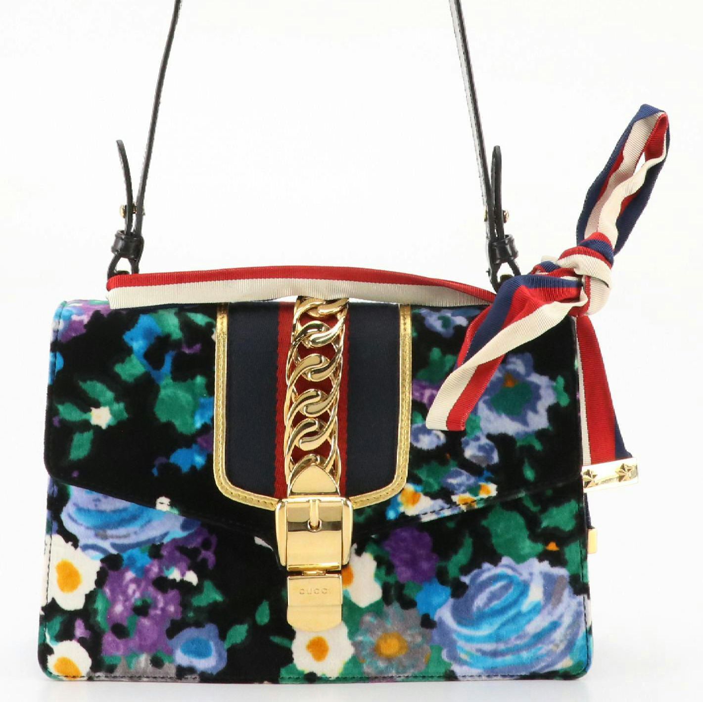 Gucci Sylvie Two-Way Bag in Floral Printed Velvet and Calfskin Leather Trim