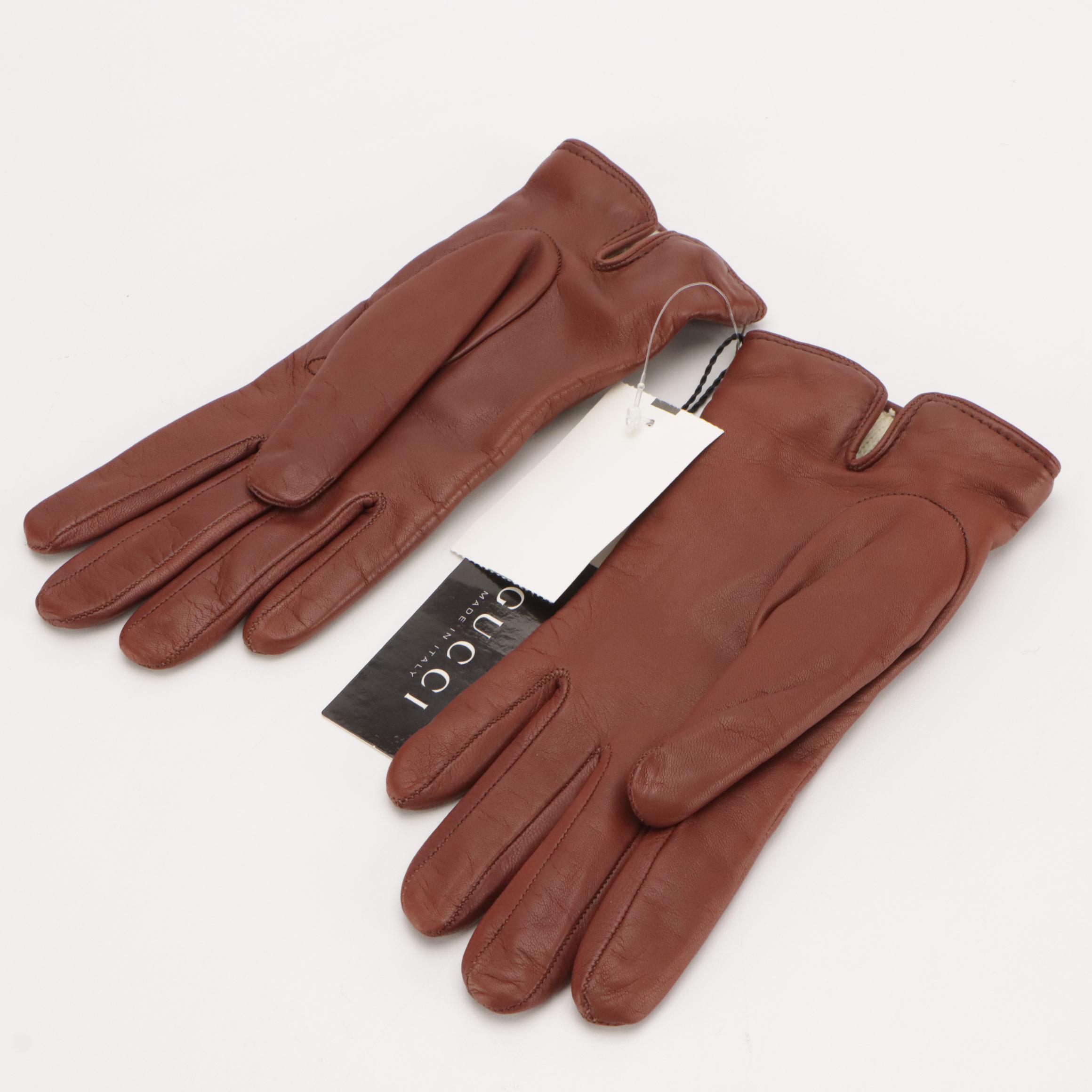 Gucci Cashmere Lined Brown Leather Sport Glove with GG Embroidery