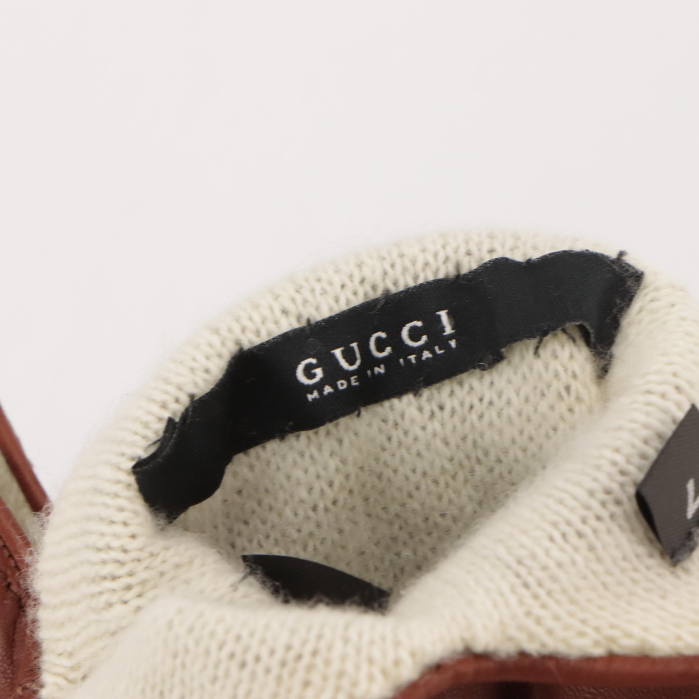 Gucci Cashmere Lined Brown Leather Sport Glove with GG Embroidery
