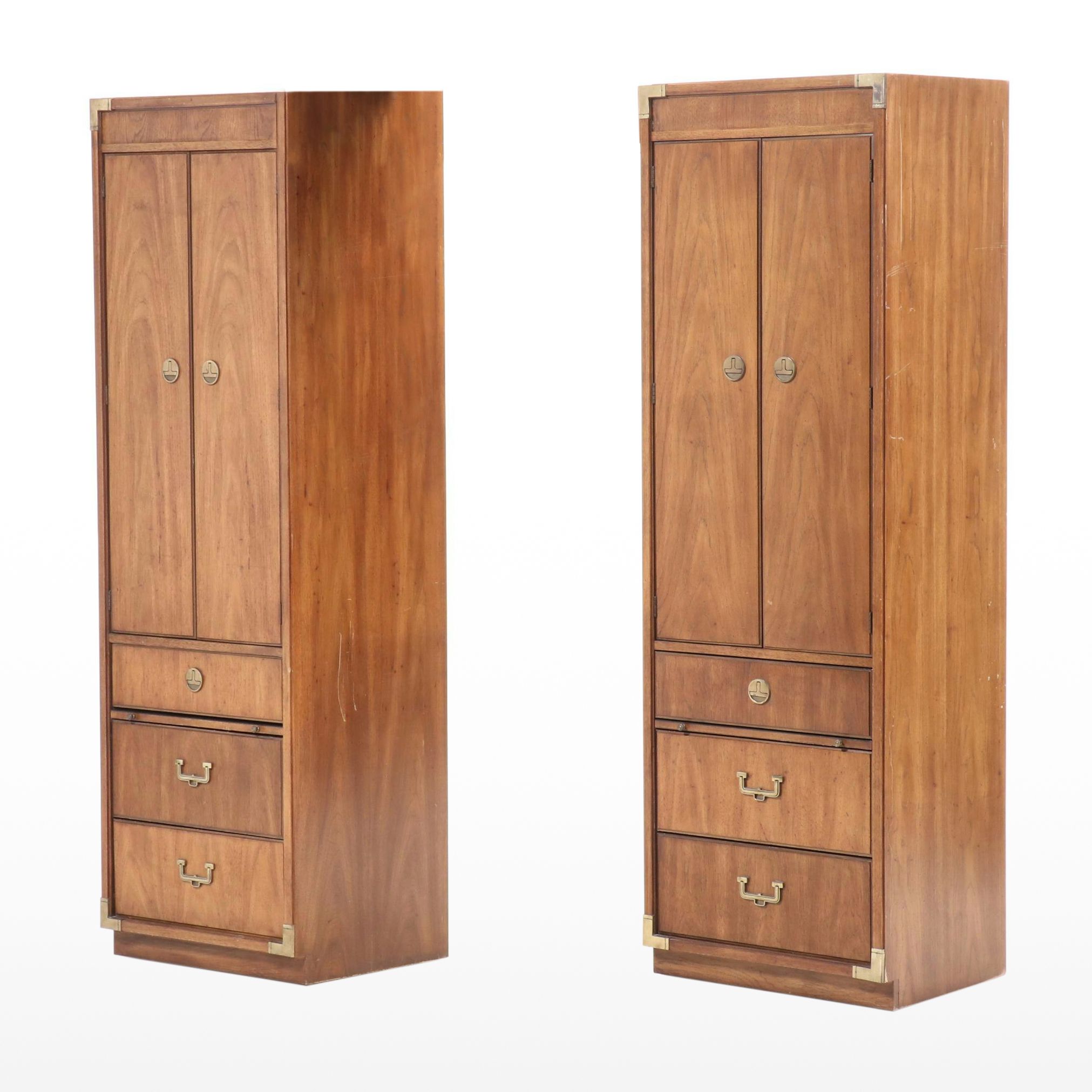Pair of Huntley Campaign Style Pecan Veneer Cabinets