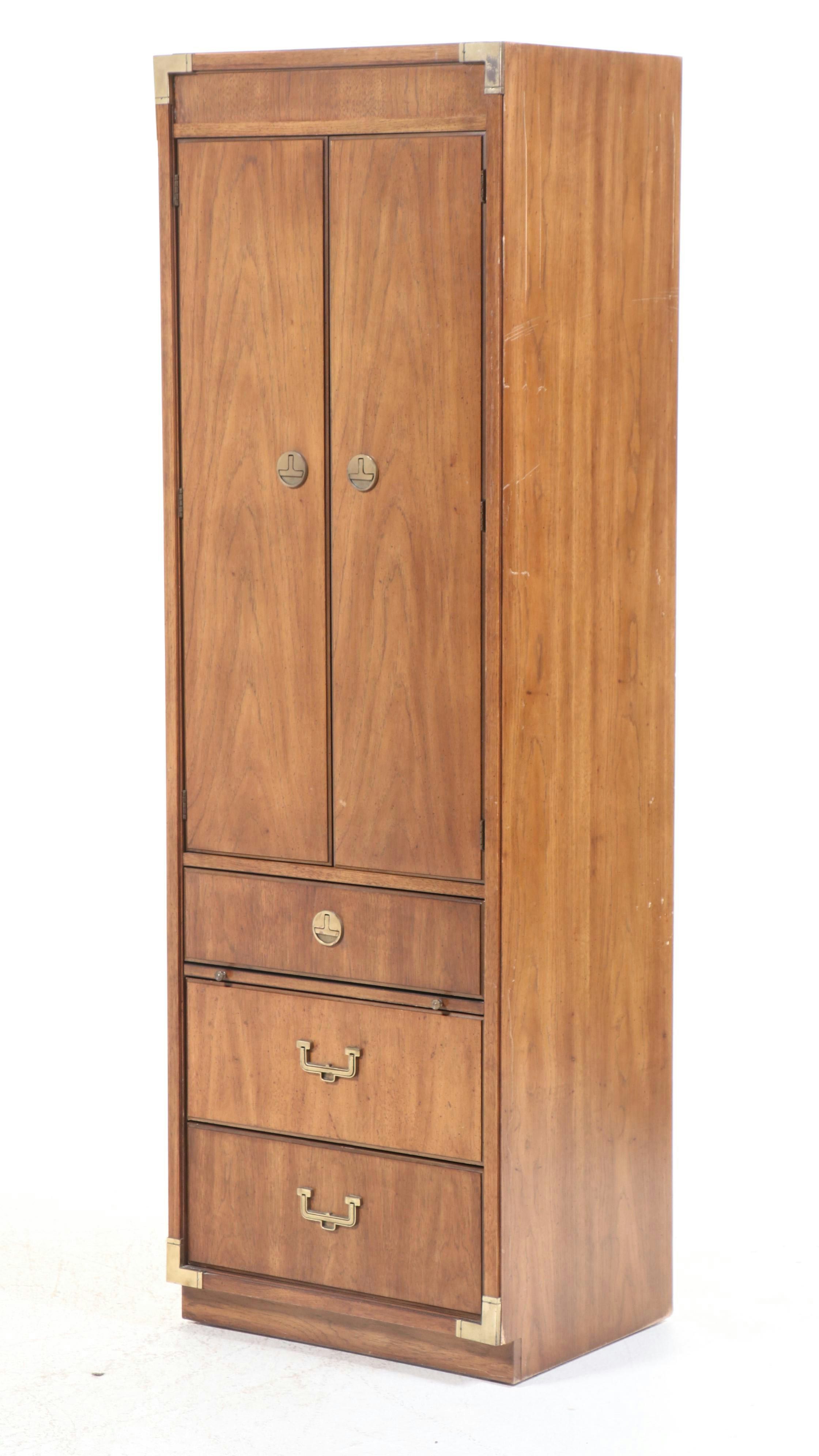 Pair of Huntley Campaign Style Pecan Veneer Cabinets