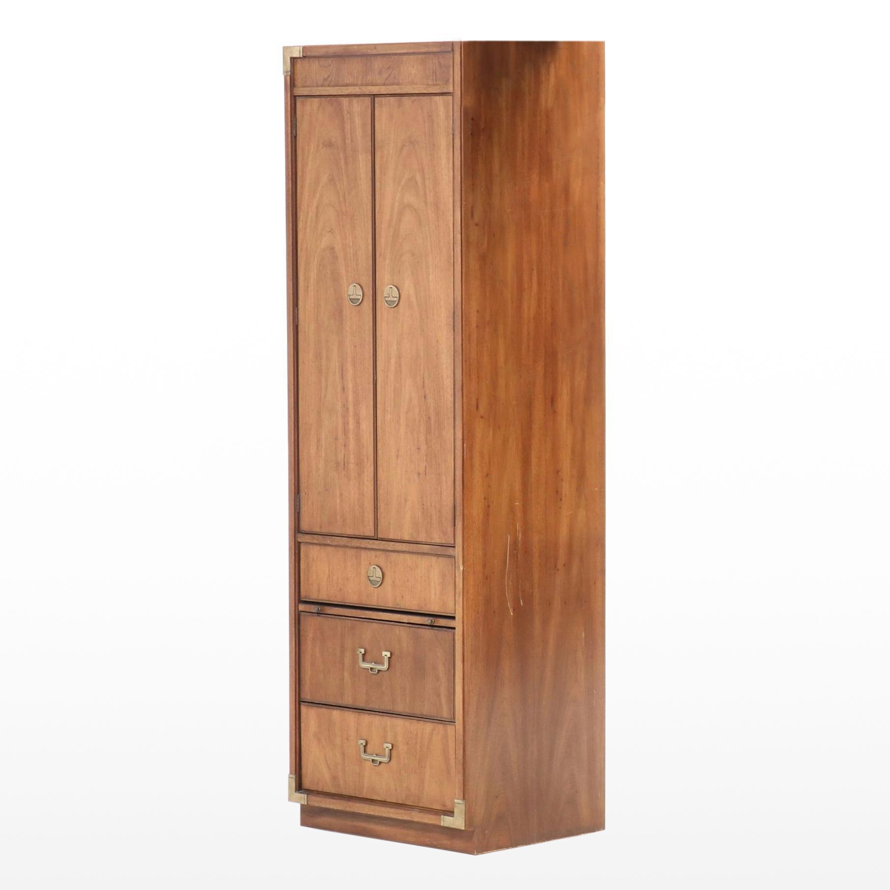 Pair of Huntley Campaign Style Pecan Veneer Cabinets